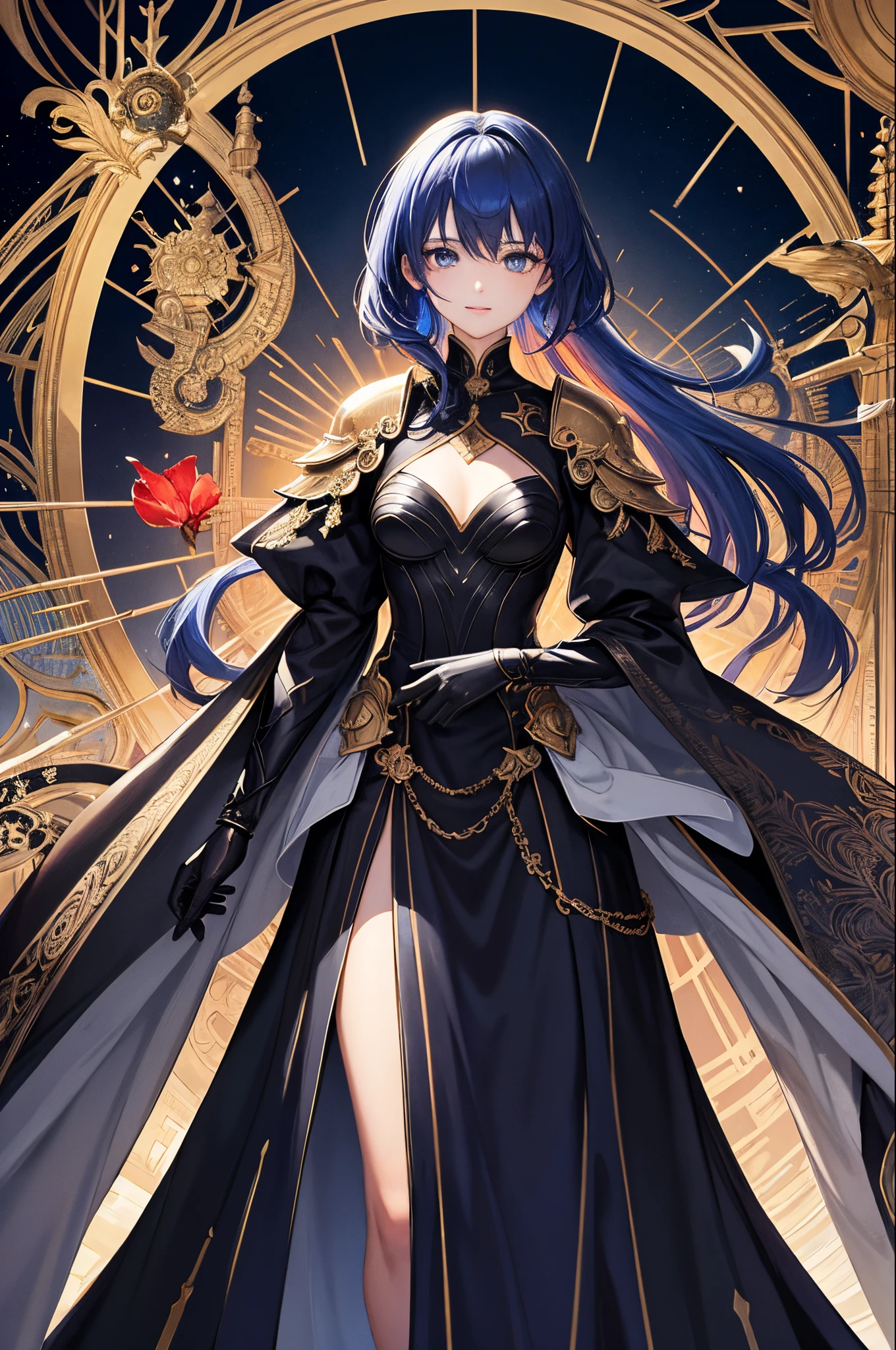 top-quality、Top image quality、​masterpiece、超A high resolution、android beautiful girl、sixteen years old, Cybersuit glowing black, The source of the red energy in the chest、Blue hair、short-haired,Blue eyes、A slender、Gentle smile、The face is depicted in detail、The eyes are very detailed、The clothes are also depicted in detail、hiquality、Beautiful Art、Fantastic Universe、Elaborate design、more background、Fight with a great sword、Soio、knights、animesque、illustratio、Full body front