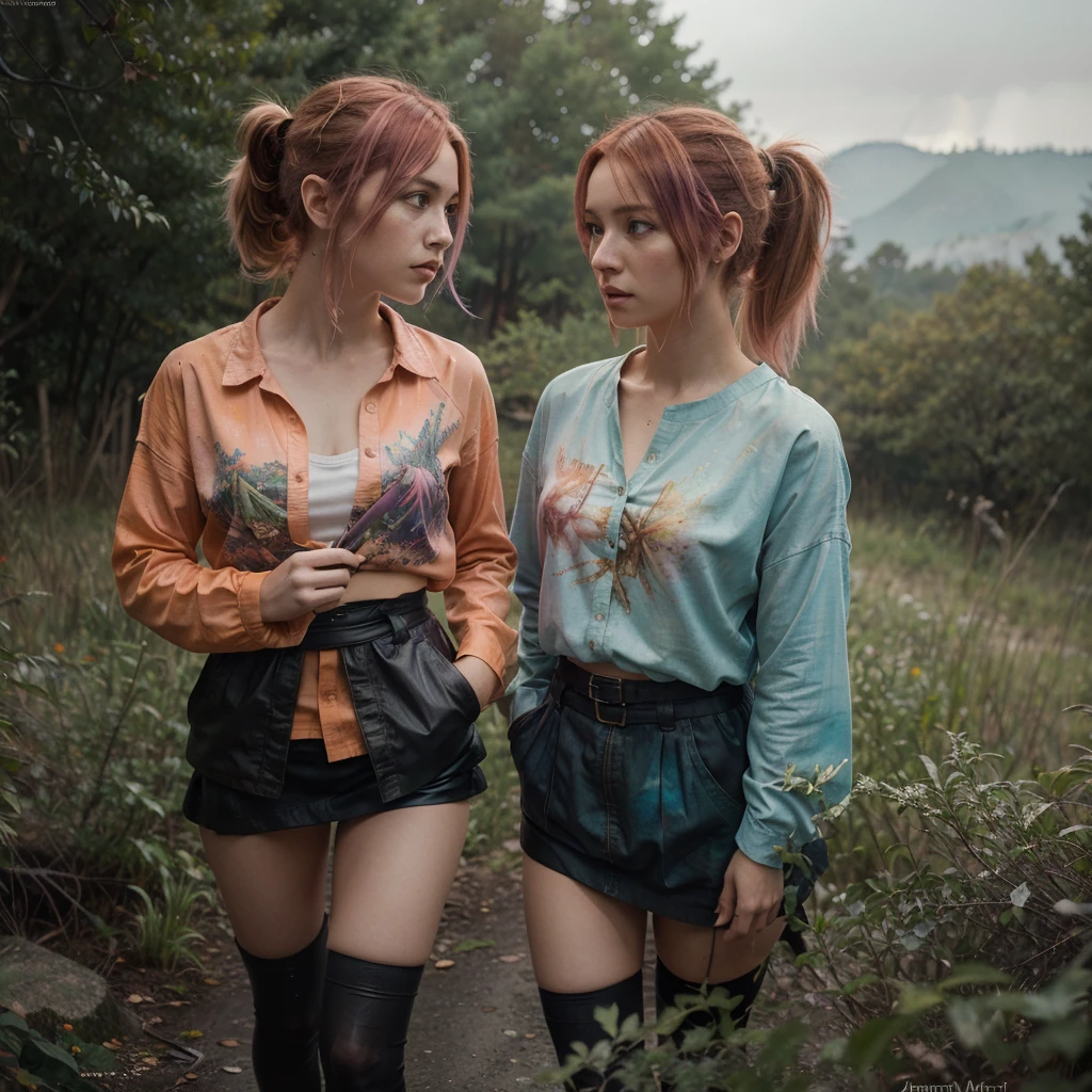 (masterpiece), anime, (Photograph_(Medium):1.0), by Antonio J. Manzanedo, by Jeremy Lipking, 1girls, lightning, In surreal terrain, watercolor painting style, brush stroke/Range of movement, unbuttoned, Orange eyes, Ponytail, pink hair, cyberpunked, Japanese clothes