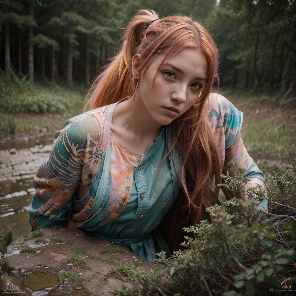 (masterpiece), anime, (Photograph_(Medium):1.0), by Antonio J. Manzanedo, by Jeremy Lipking, 1girls, lightning, In surreal terrain, watercolor painting style, brush stroke/Range of movement, unbuttoned, Orange eyes, Ponytail, pink hair, cyberpunked, Japanese clothes