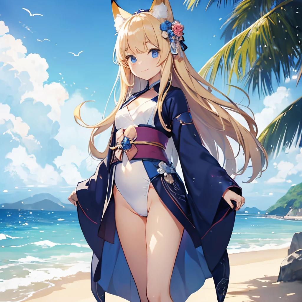 top-quality、extremely delicate and beautiful、Soio、Soio、Blonde blue-eyed、Long、kimono、(White leotard)、Princess、Princess、A smile、is standing、Facing the front、Empty beach in the background、Very young、8ars old、Fox ears、Full body depiction、
