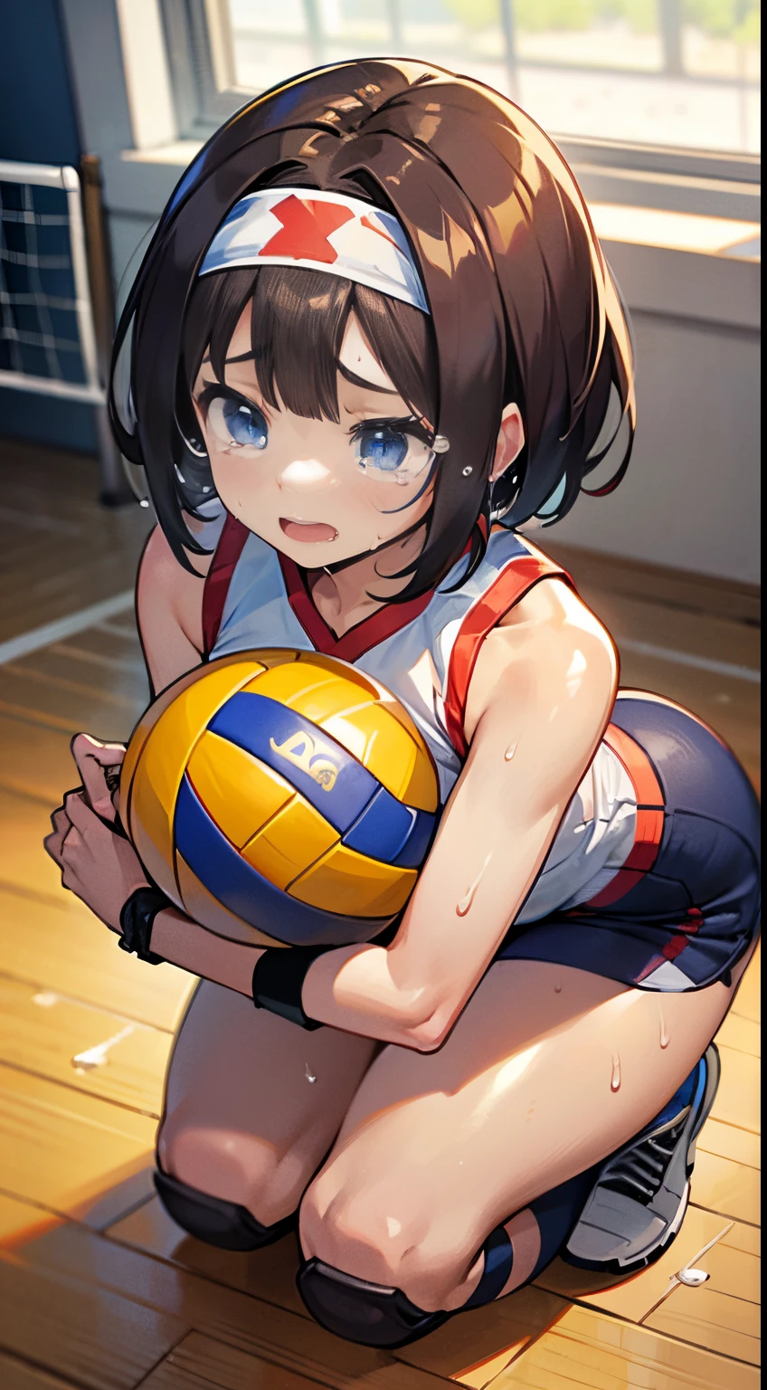 nffsw, Anatomically correct, 8K, (((masutepiece))), (((Best Quality))), (((ultra-detailliert))), (((hight resolution))), ((superfine illustration)), ((Ultimate cutie)), Detailed beautiful face, Solo, One girl, , (pot-bellied), (Curve), medium breasts, ((thick thighs)), Shiny hair, ((A look of regret)), (((Tears))), (blush), BREAK, Adidas, (((Buruma))), (Sleeveless Volleyball Uniforms), head band, ((wristbands)), ((Kneepads)), BREAK, ((Hold a beautiful spherical 6-inch volleyball with both hands)), Kneeling, ((Sweat)), (perspired), (Heavy breathing), Sense of depth, in gymnasium, Lighting, From above, (Look at viewers)