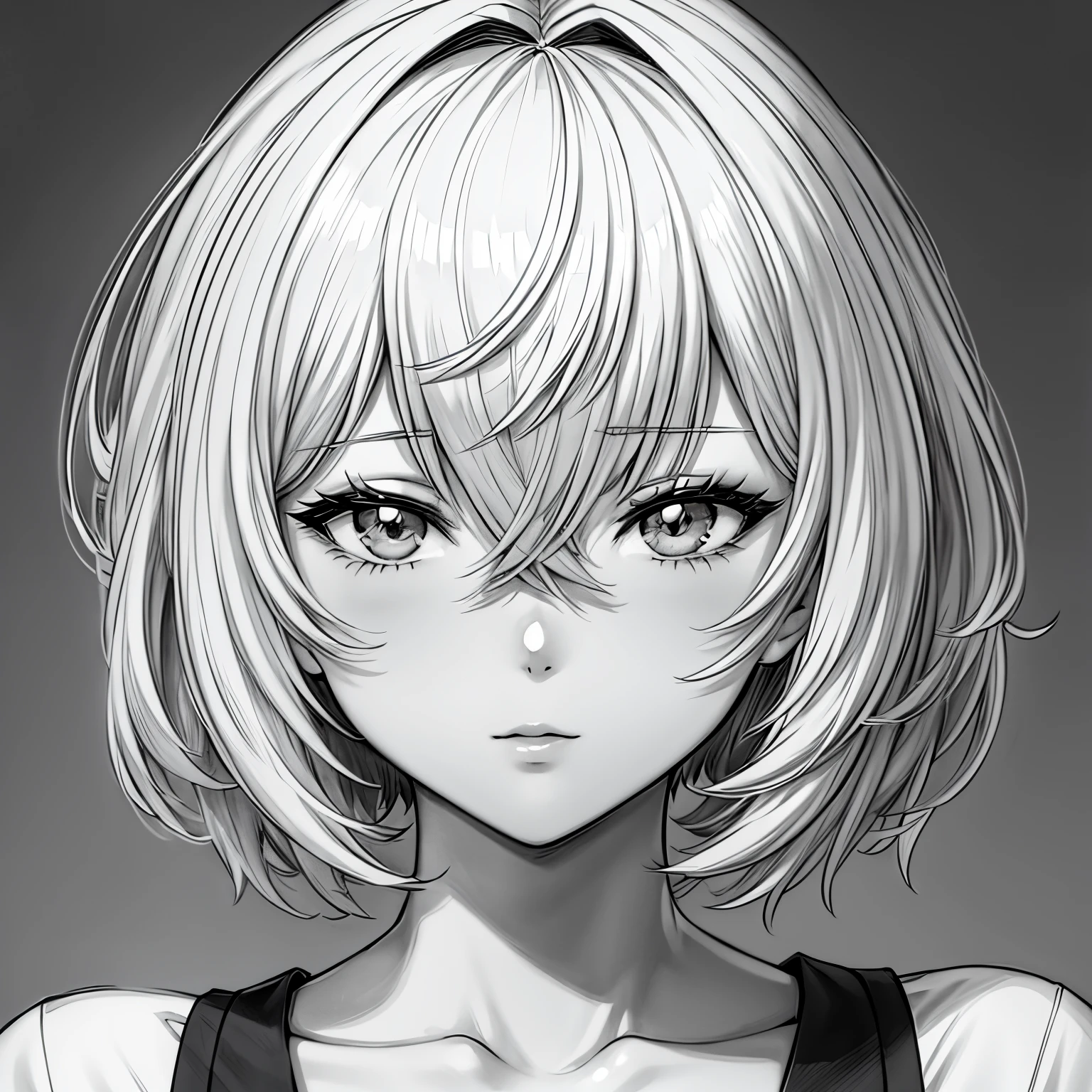 Chica anime con pelo corto y camisa blanca, sombreado de anime), Su retrato manga, Anime detallado Soft Face, Estilo anime semirealista, Esquemas de anime limpios, Sombreado plano estilo anime, sombreado de anime, Cara de anime detallada, Lineart perfecto, Lineart limpio, Retrato de medio cuerpo, Lineart grueso, Sombreado simple, Arte lineal intenso, Lineart simple, Retrato de anime de la cara