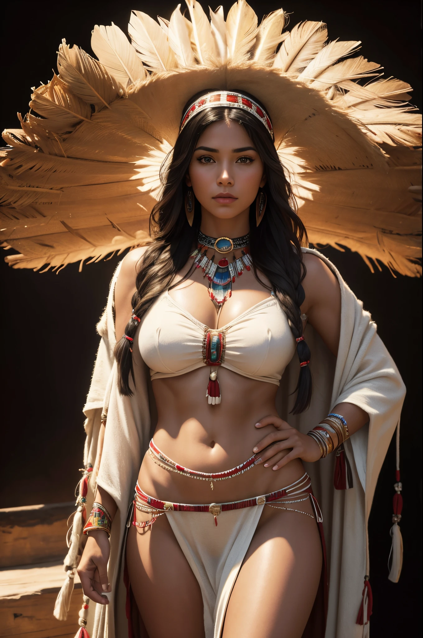 native north american indian woman in sexy clothes, full-lenght, high detailed, realistic full-lenght photo ((best quality)), ((masterpiece)), detailed soft oil painting, detailed background, dramatic cinematic lighting, soft edge lighting, professional, dramatic lighting, hard edge lighting, ultra quality, 4k,(masteriece, best quality, 8k, ultra highres, highres:1.4), extremely detailed