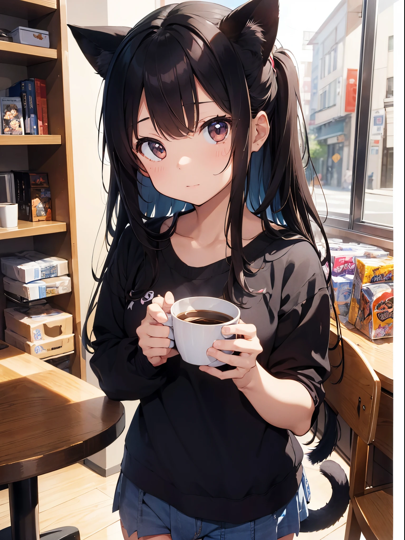 girl with、Chibi、Cat's ears、the kiss、Yuri、Coffee Cup、Symmetrical Pose、tail、head rubbing、In a cup、Speak the Heart、