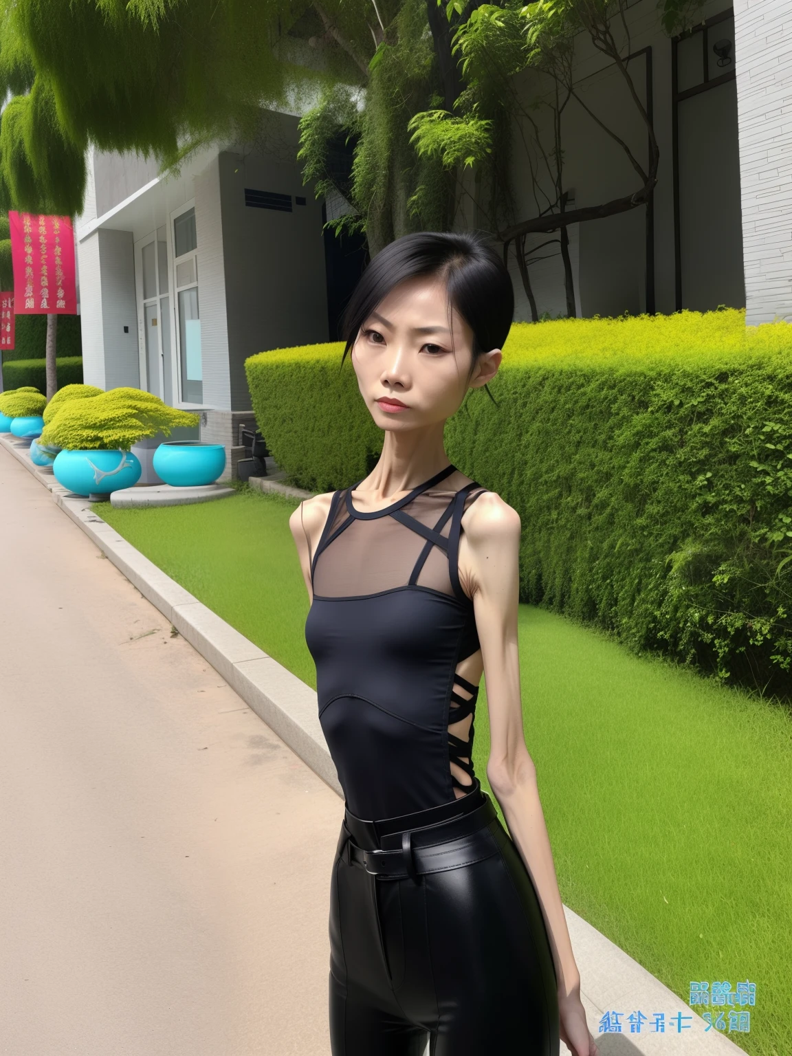 very thin woman,A thin body,Protruding sternum,The waist is very thin,The ribs are noticeable,Protruding ribs,The pelvic protrusion is very obvious,The pelvis is markedly elevated,Legs are just skin and bones,Fair skin,thin shoulde,The waist is very thin,Sunken abdomen,Delicate arms,arm muscle atrophy,hunger,sunken lower abdomen,Short hair details,Wear tight leather pants,Asia face,The waist is particularly thin,angry look,weeping,Excessive weight loss,The face is sunken and thin,Severe malnutrition,hunger