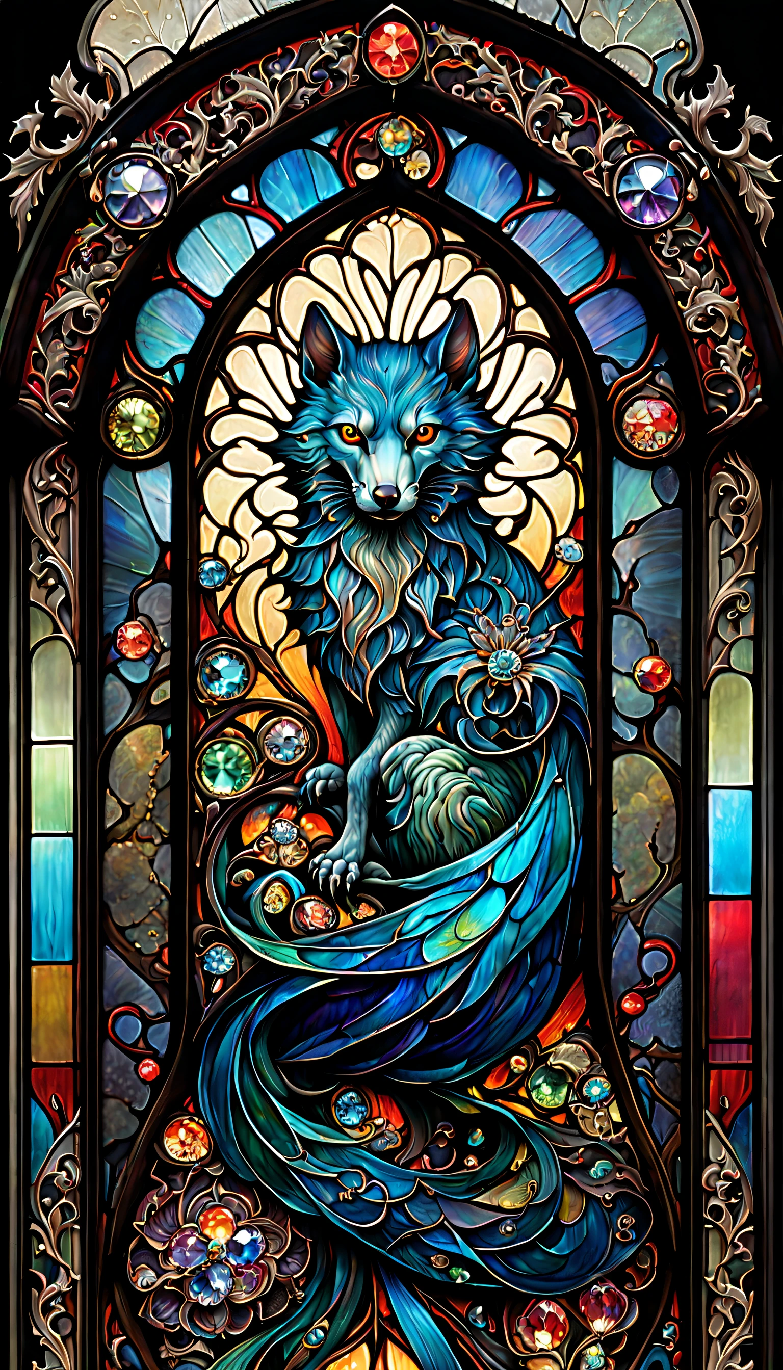 Gothic stained glass art style, Japanese mystic creatures, triadic colors, baroque, Craola, highly detailed stained glass, crystals, labradorite iridescent crystals, Andy Kehoe, John Blanche, complex highly detailed background, fantasy, filigree, filigree detailed, intricated