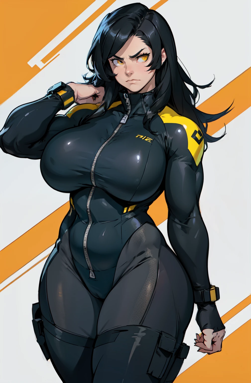 ((((muscular girl thick thighs huge breasts)))) black hair yellow eyes pale skin waistup frowning bodysuit UHD 16k best quality pilot suit wide hips long hair