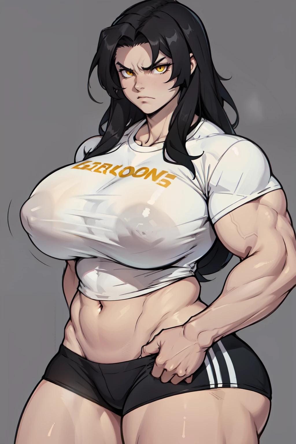 ((1girl)) pale skin huge breasts (muscular) toned body thick thighs black hair yellow eyes (long hair grey background) bodybuilder angry tight shirt