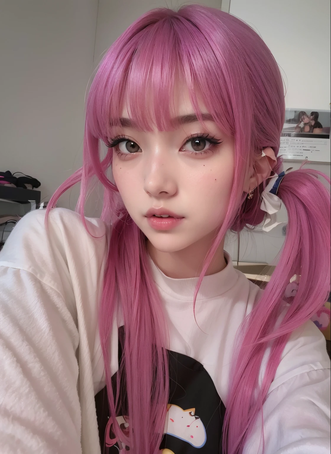 Chica arafed con cabello rosado y camisa blanca posando para una foto., Pelo rosa de cola doble y ojos cian, ulzzang, cabello liso rosa, con cabello rosado, Retrato realista kawaii, Obras de arte al estilo de Guweiz, Hermosa Delphine, her face looks like an orchid, Sakimichan, e-chica, E - Chica
