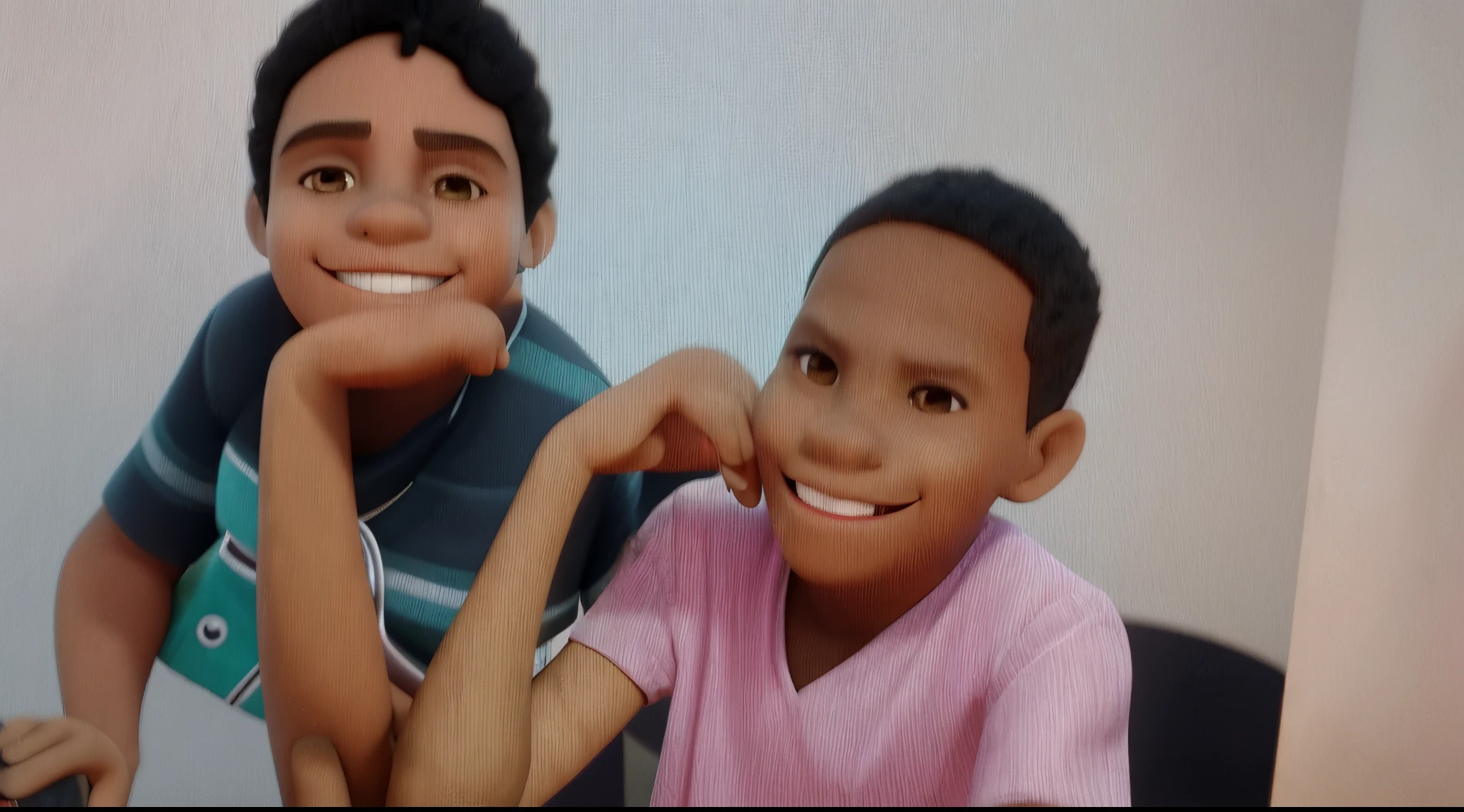 dois menino um africano africano pele marrom claro e o outro menino Make a disney pixar type 3d character of a boy, Pele clara e cabelos preto, liso com visual moder :4 em ...3d, sorriso, sentado:3, pensando, cadernos, varanda, sala de aula
