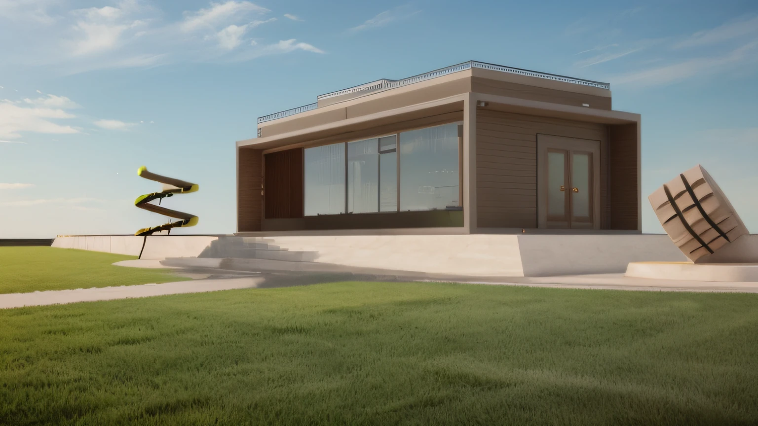 a rendering of a plaza in front of one office building,
stone pathway to building and from right to left,
one steel sculpture on the left and one steel sculpture on the right,
hilly grass between building and plaza,
((nice grass lawn)),
beautiful sky,
daylight, bright daylight,
two-point perspective, human perspective,
realistic, masterpiece, ultra-detailed, 4K, photographic rendering, commercial
rendering,
ControlNet Example