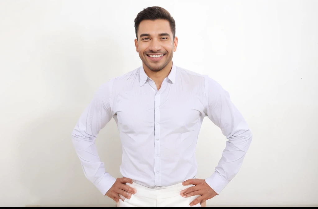 um homem sorrindo com uma camisa branca