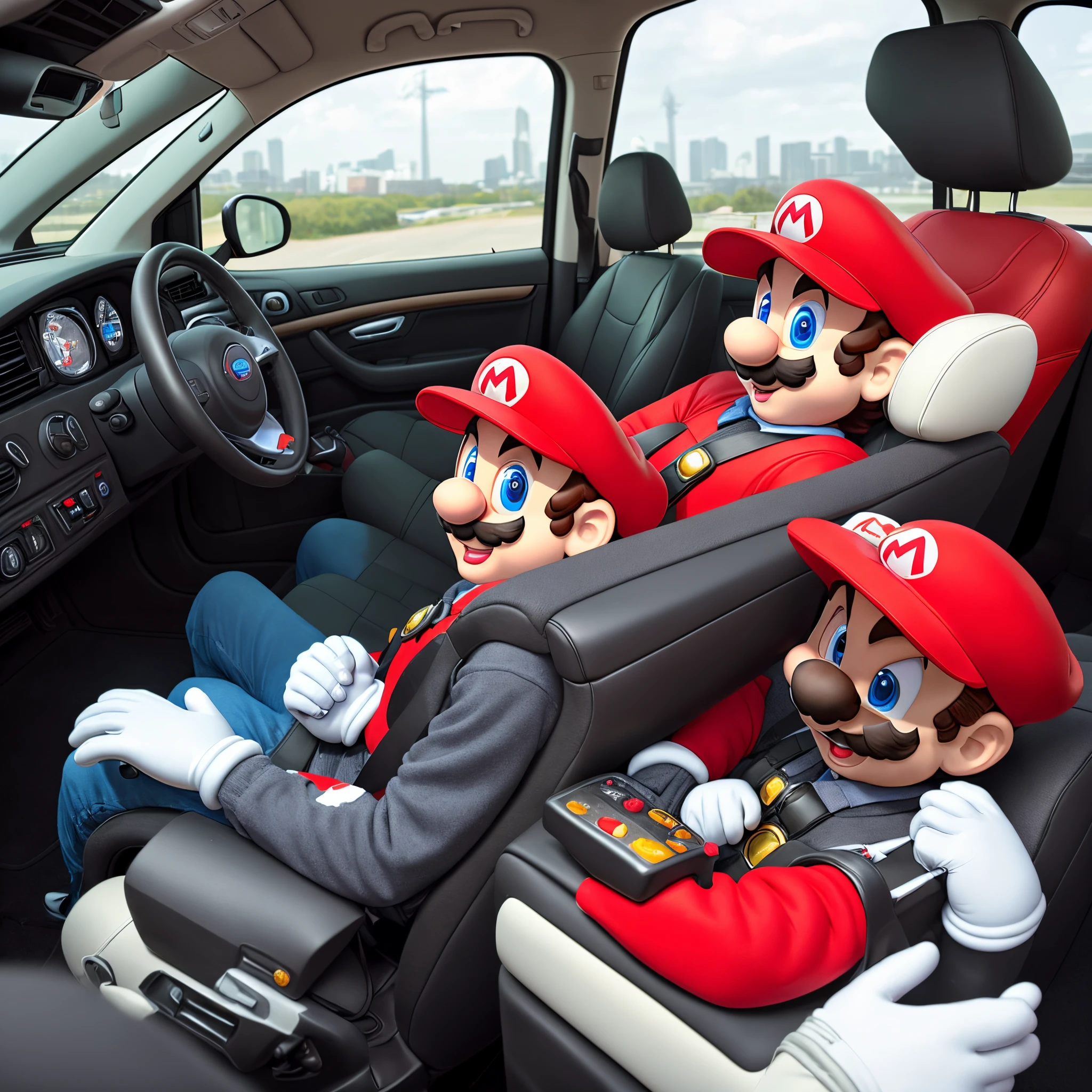 Mario, the famous plumber from the Mushroom Kingdom, decided to diversify his career and become a private driver. He acquired a 2024 HB20, a compact and modern car, perfect for his urban adventures. On a starry night, Mario is behind the wheel of the HB20, wearing his iconic red cap and mustache. In the back seat, the Black-Haired Princess sits, looking out the window with a smile. She appears relaxed, enjoying the nocturnal ride. But wait, there’s more! The Gogumelo is also