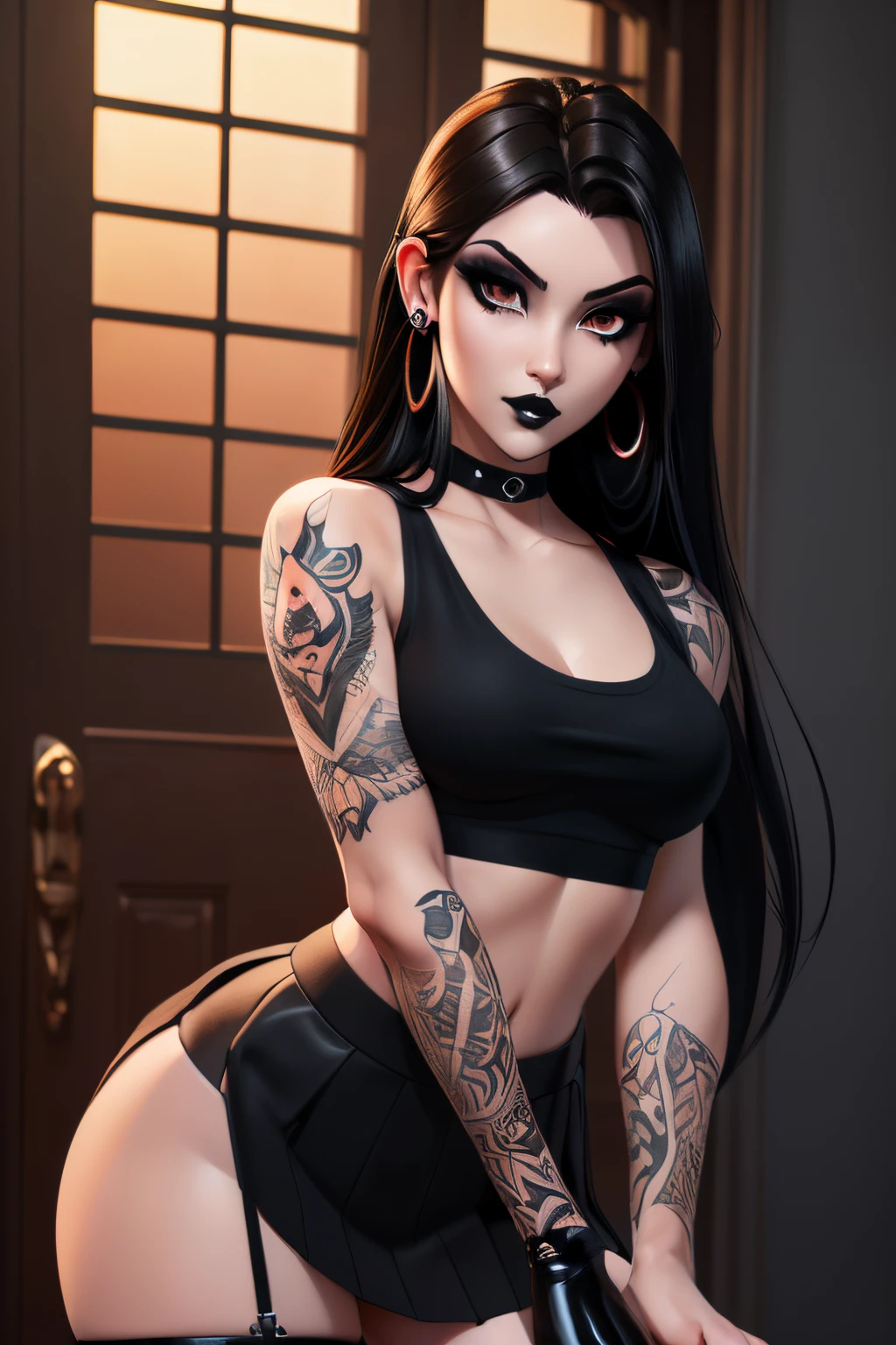 ((ultra quality)), ((tmasterpiece)), goth girl, ((long black hair), ((there are piercings and rings in the ears)), Beautiful cute face, beautiful female lips, ((dark makeup)), charming beauty, ((sexy facial expression)), is looking at the camera, ((Skin color: white)), ((have tattoos on the body)), Body glare, ((detailed beautiful female eyes)), ((dark brown eyes)), beautiful female hands, ((perfect female figure)), ideal female body shapes, Beautiful waist, nice feet, big thighs, Beautiful butt, ((Subtle and beautiful)), seductively worth it ((closeup face)), ((wearing a black miniskirt and a black sleeveless tank top, black boots with a large platform, black stockings)), background: Threshold of the house, evening sunset, ((Depth of field)), ((high quality clear image)), ((crisp details)), ((higly detailed)), Realistic, Professional Photo Session, ((Clear Focus)), ((cartoon)), the anime, NSFW