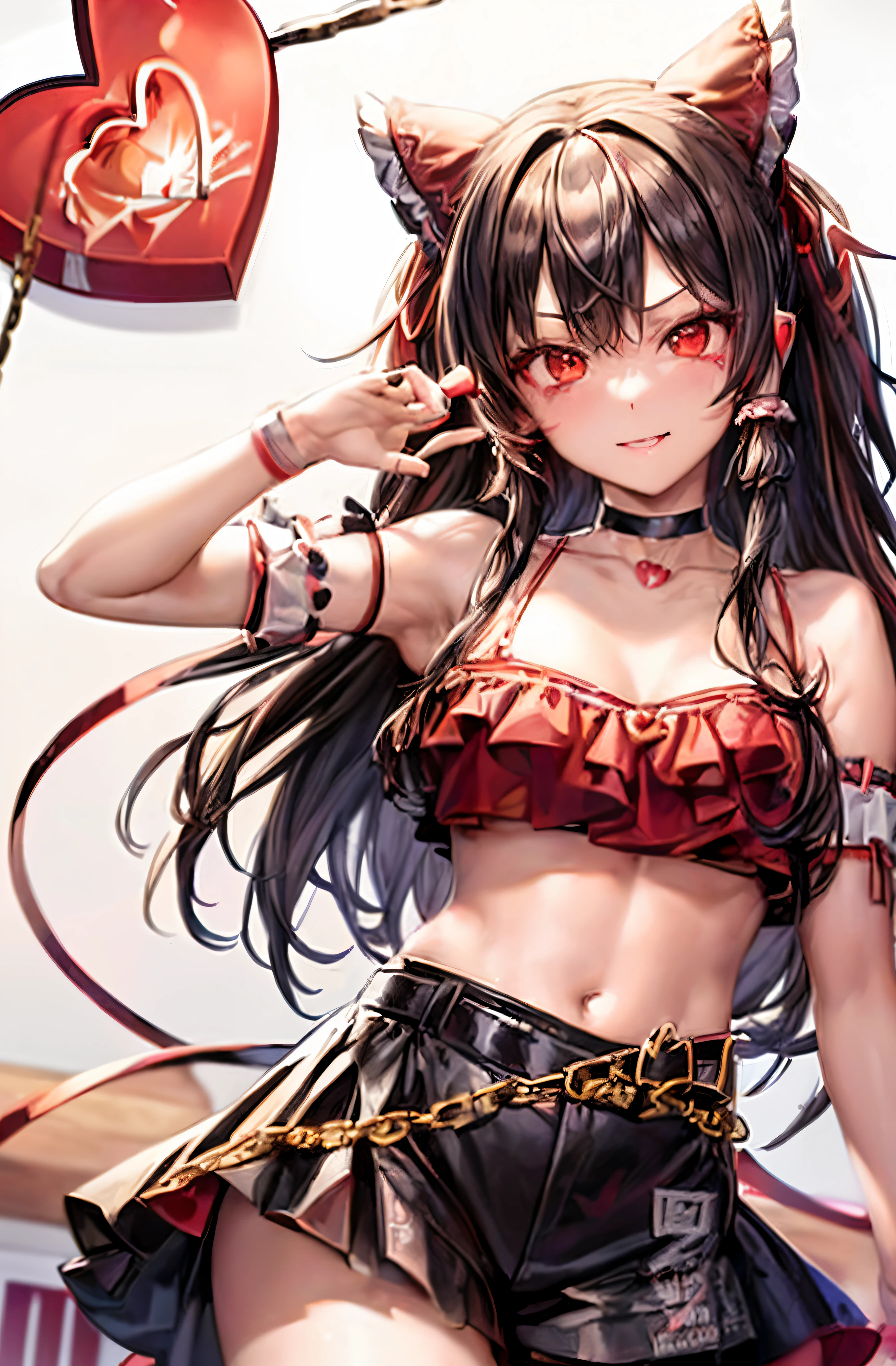 Reimu Hakurei at a rave, looking at the viewer with an seductive smile while dancing, confident, nightclub, neon lights,Brown hair, brown eyes, ((bangs, red ribbon:1.3)), e-girl outfit:1.7, (((Eyeliner, Heart-Shaped Stamp, Choker, Belt Chain:1.3))), ager,