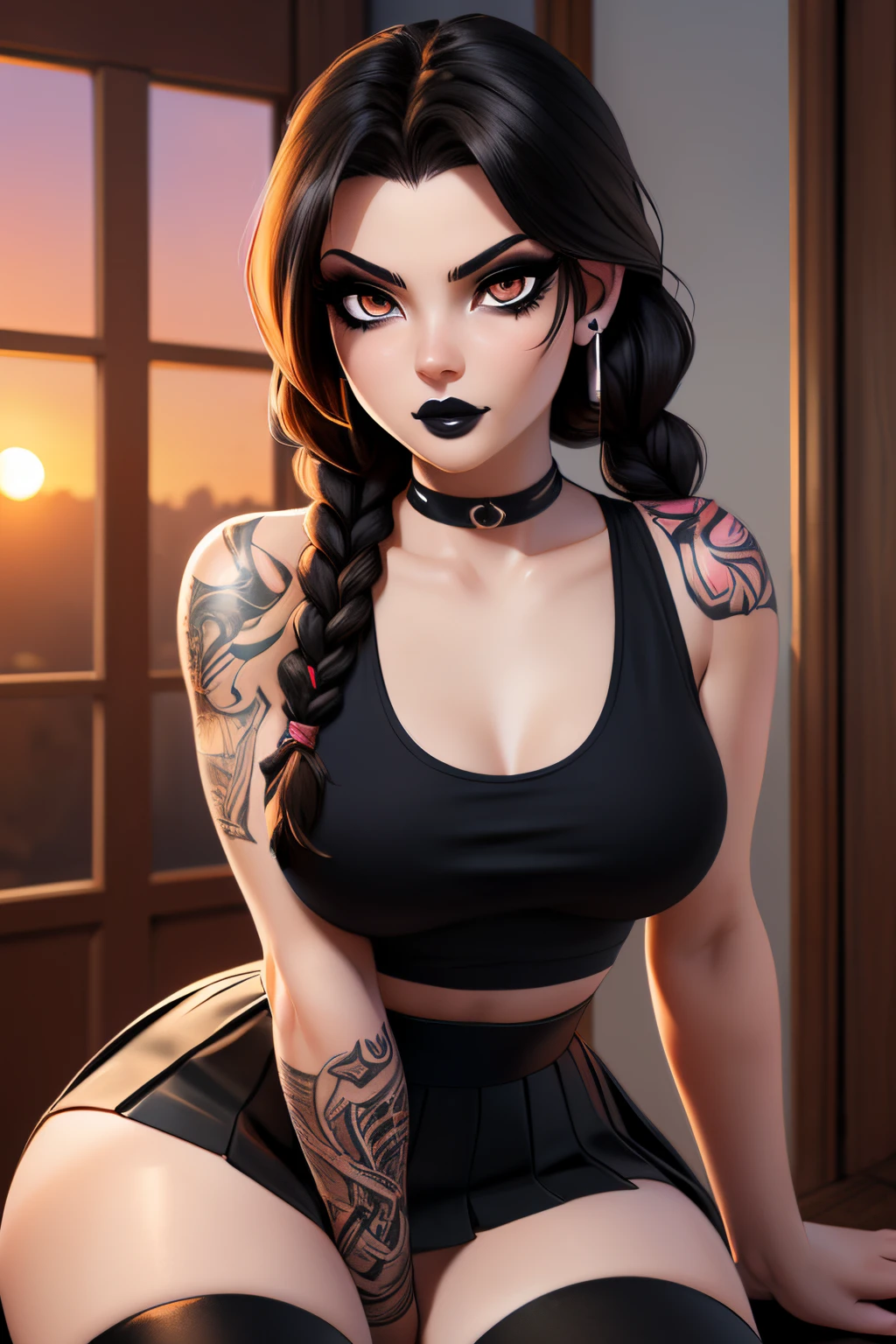 ((ultra quality)), ((tmasterpiece)), goth girl, ((long black hair braided into one braid), ((there are piercings and rings in the ears)), Beautiful cute face, beautiful female lips, ((dark makeup)), charming beauty, ((sexy facial expression)), is looking at the camera, ((Skin color: white)), ((have tattoos on the body)), Body glare, ((detailed beautiful female eyes)), ((dark brown eyes)), beautiful female hands, ((perfect female figure)), ideal female body shapes, Beautiful waist, nice feet, big thighs, Beautiful butt, ((Subtle and beautiful)), seductively worth it ((closeup face)), ((wearing a black skirt and a black sleeveless tank top, black boots with a large platform, black stockings)), background: Threshold of the house, evening sunset, ((Depth of field)), ((high quality clear image)), ((crisp details)), ((higly detailed)), Realistic, Professional Photo Session, ((Clear Focus)), ((cartoon)), the anime, NSFW