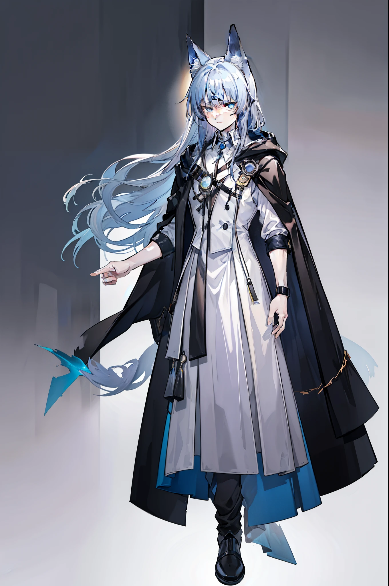 (masterpiece), best quality, expressive eyes, perfect face, 1boy, solo, (light shade hair, fox tail, blue grey hair, fox boy, fox guy, kemonomimi, young male, young boy, fox ears, light blue grey hair, lavender mist color hair and tail, pale blue hair, bluish cyan hair), azure eyes with yellow under shade, yellow eye highlights, azure eyes, (leather robe, brown cape, dark hood), (kid, 17 year old, scared, trauma, afraid, young man), (minimal accessories, satchel, sling bag), staff, spellcasting staff, short young boy, young boy, traumatized, scared and hiding, hiding, poor, ragged clothes, scratched clothing, scared, poor clothing, not rich, basic clothing, short bangs, big eyes, dark brown robe, brown pants, rope tied, fox tail, scared, young face, eyebags, black pants ,full body