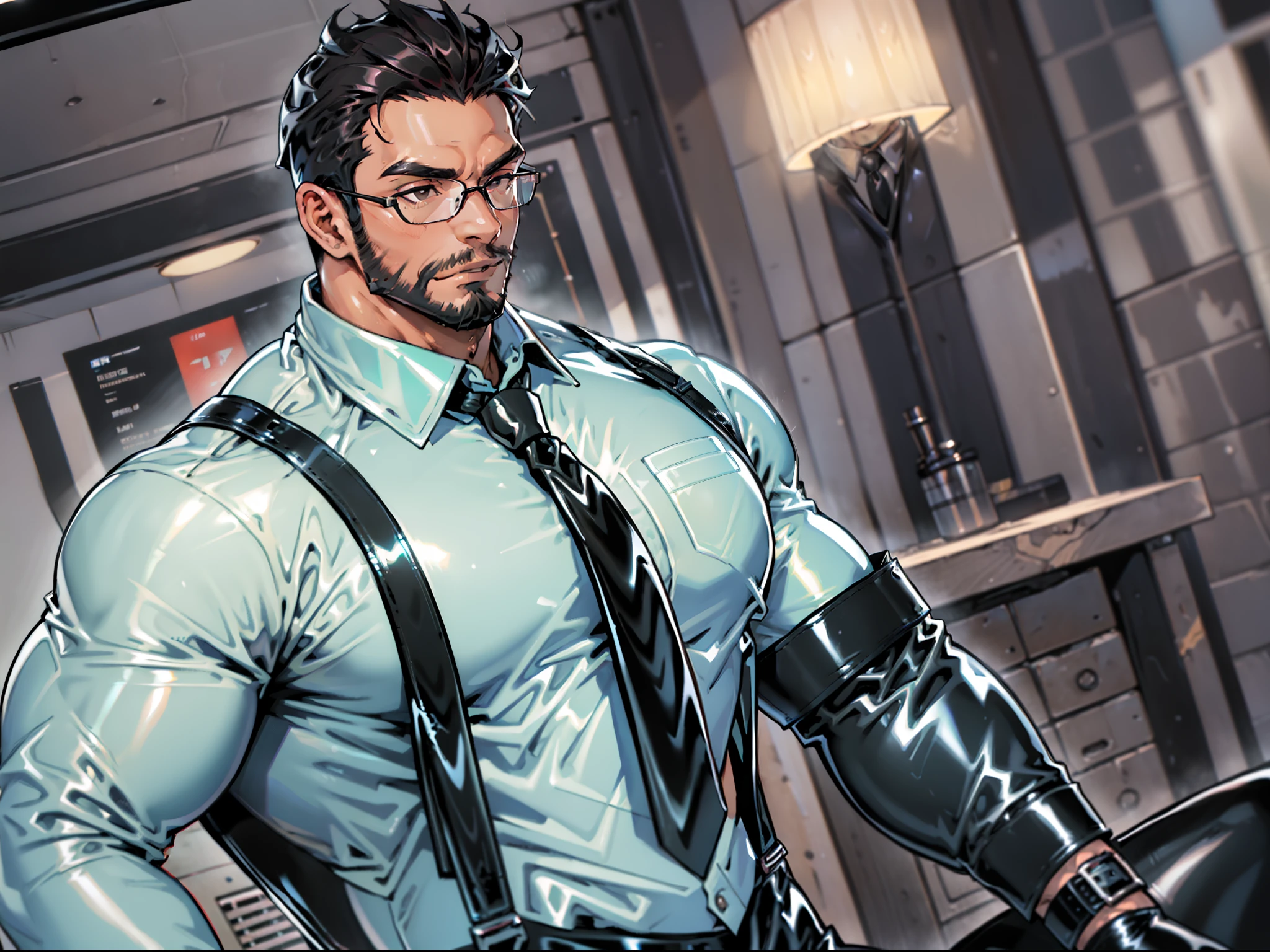 (excessive latex shine:1.8) , (masutepiece: 1.2), (excellent luxury business suit: 1.2), (fully detailed 1.5), hypermuscle, Big big big hot muscle giant man, giant pectorals, gargantuan butt, hyper pecs, Perfect muscular body , hyper pecs, Male-only, Glass-walled offices of major corporations, Smartphone in one hand, Employee ID card hanging from the neck, Employee number on the chest, Office Worker, businessman, Black-framed glasses, Business Suit, Tight Business Jacket, Tight and thin business slacks, White long-sleeved shirt, Tight Suit Vest, tie, suspenders, Business Shoes, luxury watch, men's socks, big muscle, Huge body, hyper muscles, masculinity, 35 years old, Mature man with black hair and black eyes, Handsome, well-dressed, Beautiful muscles, Complex and elegant, muscular guy, a beard, sideburns, facial hairs, Cropped Shorthair, Male Focus, Big ass, Big pectoralis major muscle, shiny oily skin, Tanned skin,