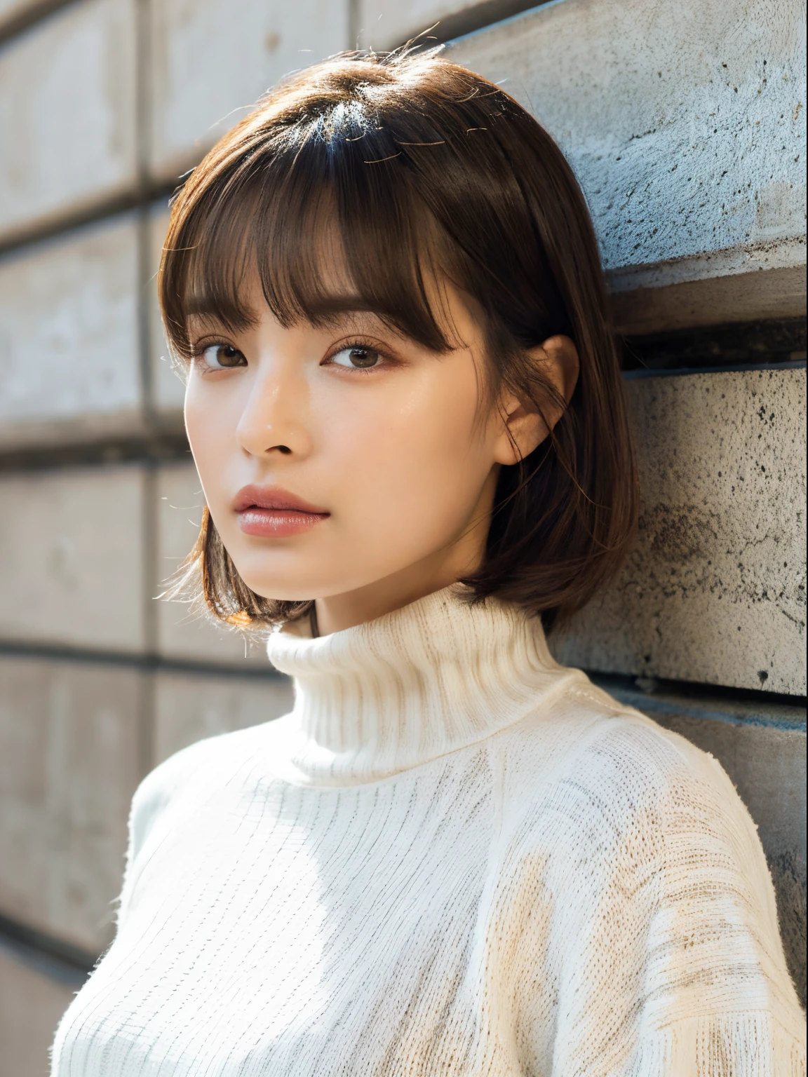 (A hyper-realistic), , (hight resolution), (8K), (ighly detailed), (The best illustrations), (beatiful detailed eyes), (top-quality), (ultra-detailliert), (masterpiece), (mortar wallpaper), (详细的脸), a park,Armpit, Thick,,,独奏,Girl wearing dark white long-sleeved turtleneck knit and striped shirt, full of sweat, japanes, ,Concrete background、Tile background、Upper body、Fluffy bob cut、Curly hair,Realistic eyes,light beige hair color