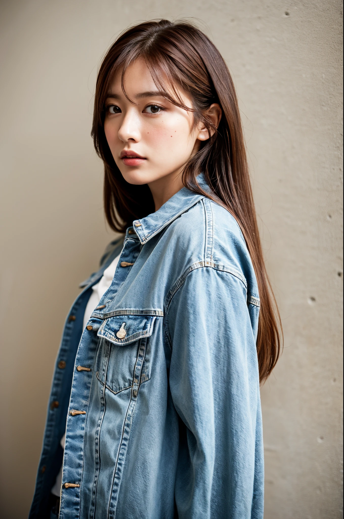 of the highest quality, 1 beautiful woman, age 28, S, 35mm lens, F/1, Cowboy Shot, Concrete background、Tile background、Medium straight hair、Riders Jacket　Shirt、Light red-brown hair、From Side、Realistic eyes