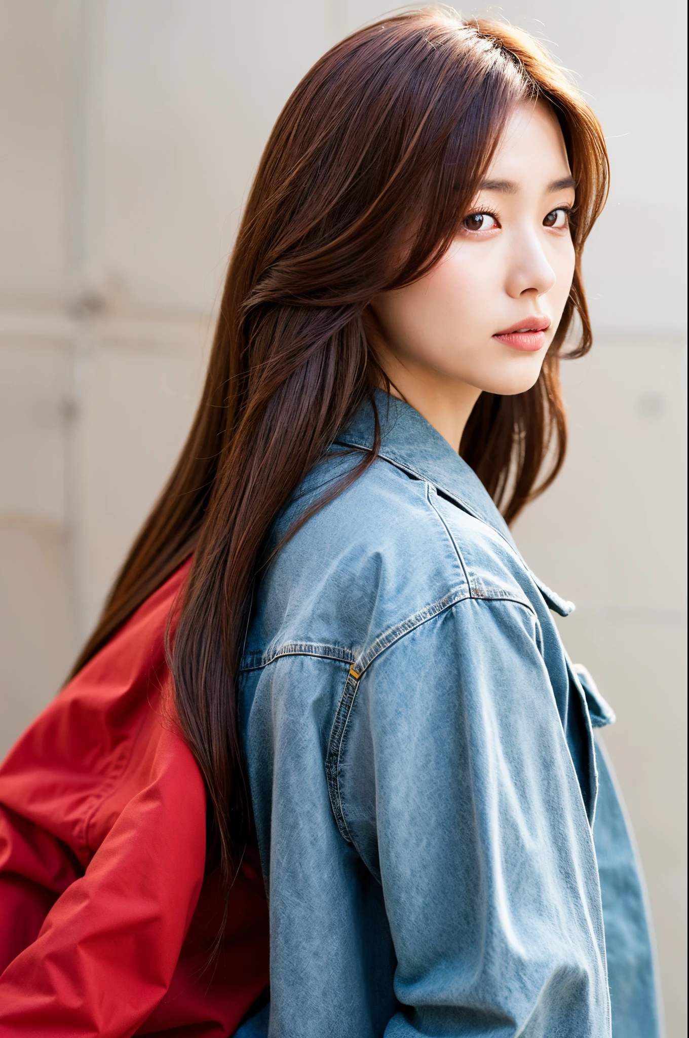 of the highest quality, 1 beautiful woman, age 28, S, 35mm lens, F/1, Cowboy Shot, Concrete background、Tile background、Medium straight hair、Riders Jacket Shirt、Light red-brown hair、From Side、Realistic eyes