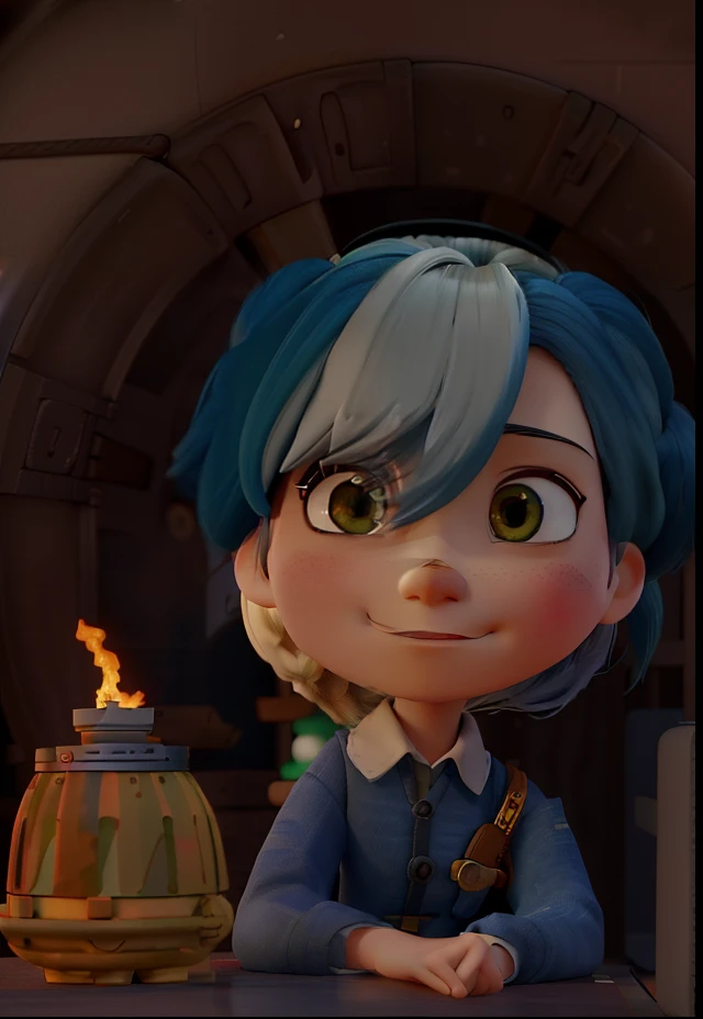 ((2D ao vivo))  master part, 1girl, , fica em linha reta, roupas steampunk, military clothing, Olhando para o Viewer, Rosto detalhado, menina com cabelo azul ,  (fundo simples, fundo branco: 1.3)