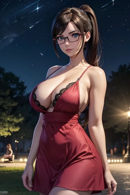 Only one european woman, 30 years old, There's an adult woman in a park, wearing Spring Dress, Glasses, Dark Hair, Ponytails, Blue Eyes,  beautiful chest, Big boobs, Clivage, Second life avatar, Beautiful screenshot, Second life, Front view, seductive woman, high quality, Very detailed skin, at Night, public lights