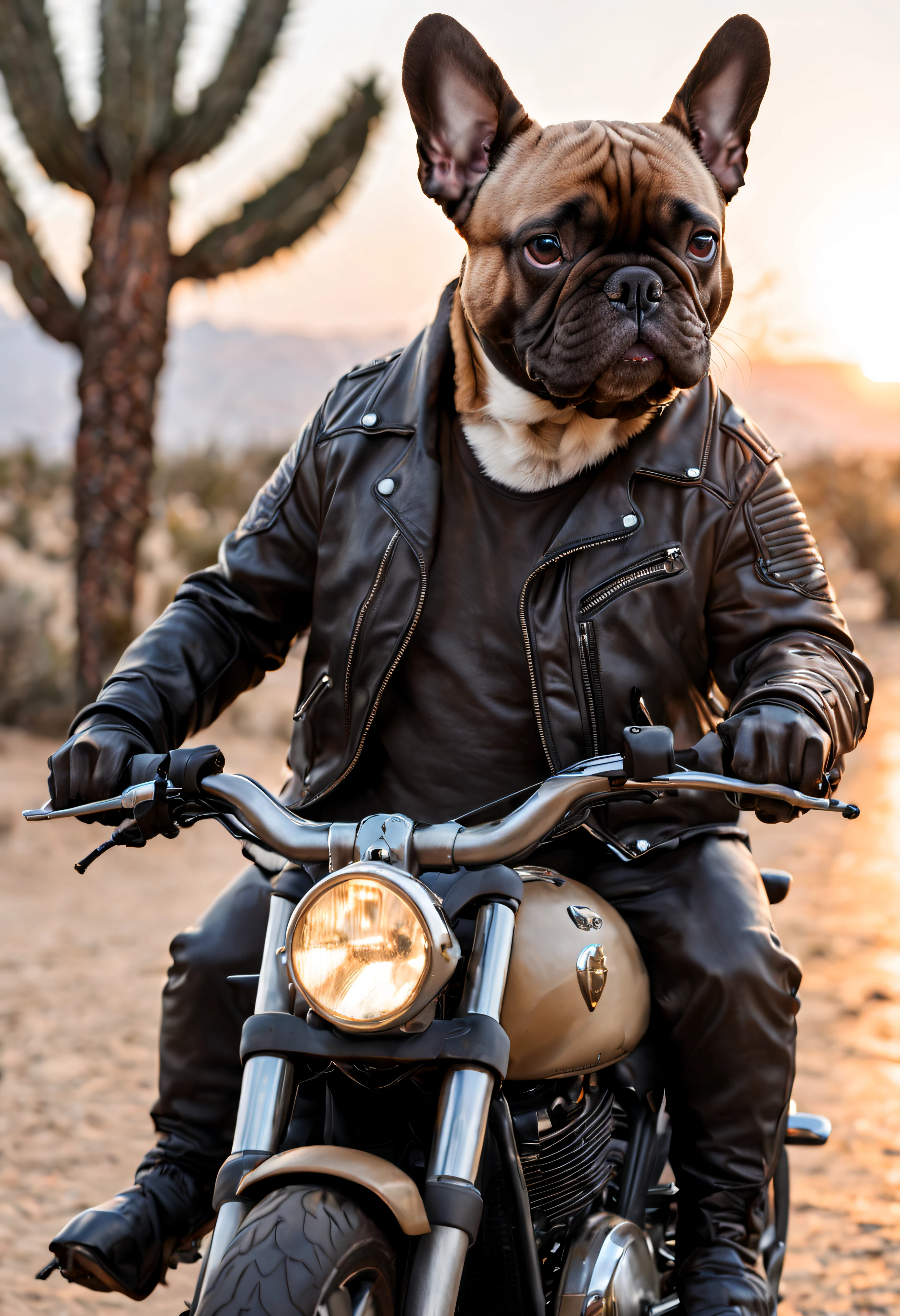 French Bulldog, sur une moto, avec une veste de motard, dans le desert, sunset