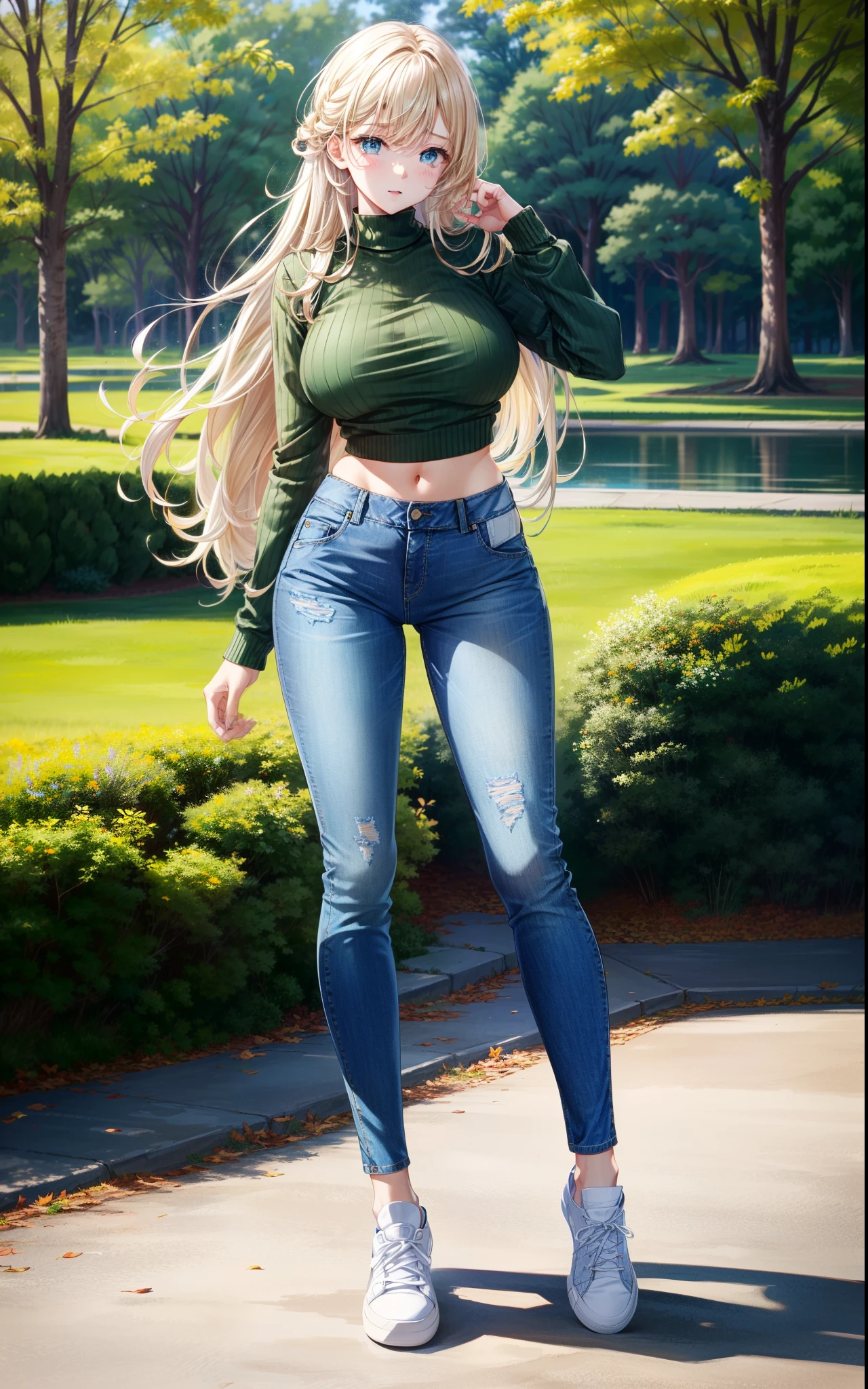 1girl, sexy, blond hair, semi long hair, blue eyes, shy, not safe for work, large breast, (green sweater:1.2), (skinny blue denim pants:1.4), thin waist, wide hips, (white sneakers:1.2), outdoor, park, trees and pond, dynamic angle, dynamic poses, ultra high resolution, (full body shot)