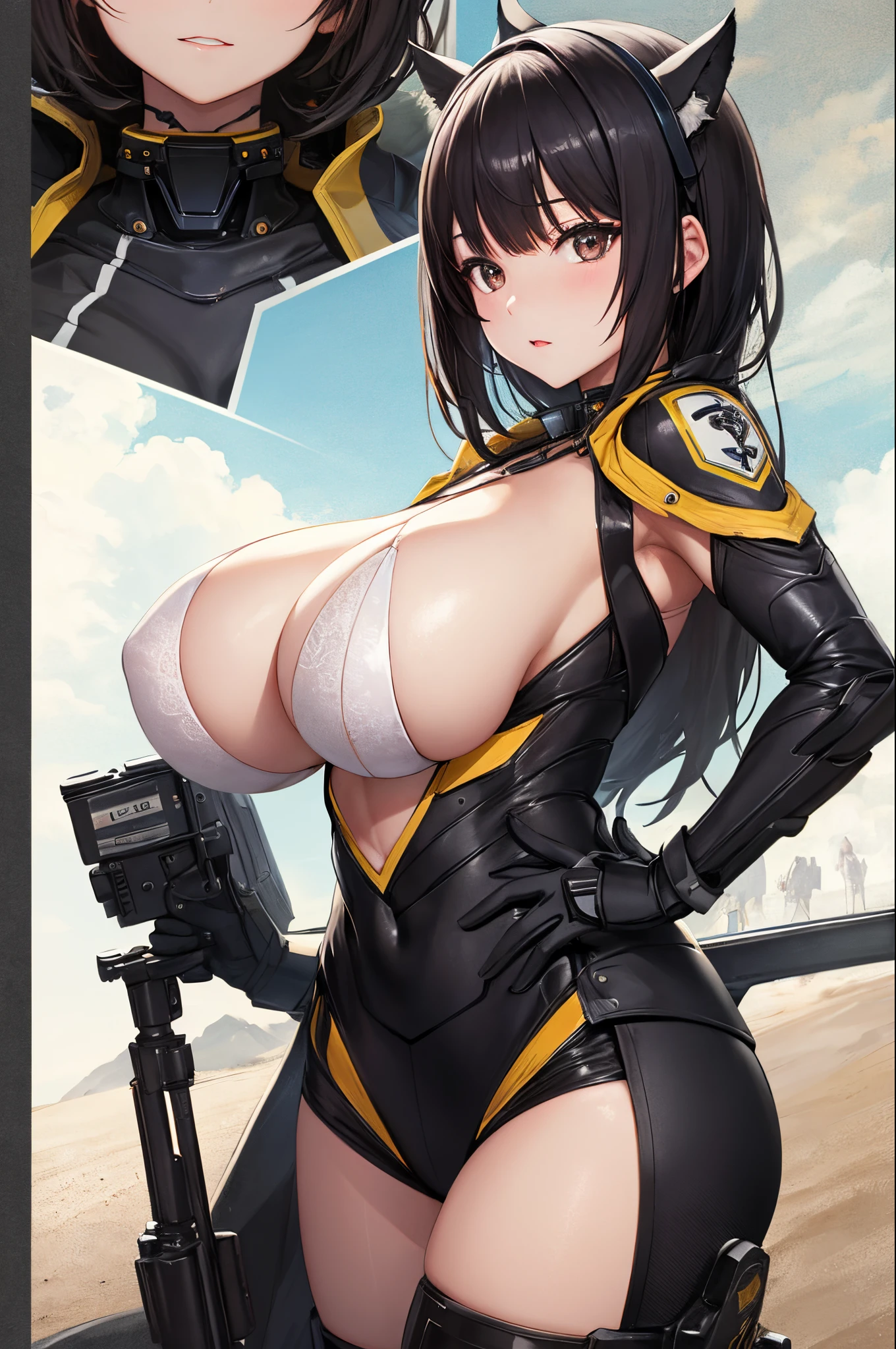 ​masterpiece、Top image quality、Black hair、Black bra、Colossal tits、mechs、animesque、8K,​masterpiece, bset quality,Colossal tits、（1girl in）、((Pit Girl Suit))、shinny skin、Shiny big、dark-brown eyes、 ((top-quality))、 Crisp focus:1.2、Highly detailed facial and skin texture、A detailed eye、face perfect、perfect bodies、art by、nffsw、Blur the background、japanes、Big breasts with a strong presence、Circuit field、Blur the background、Cowboy Shot、