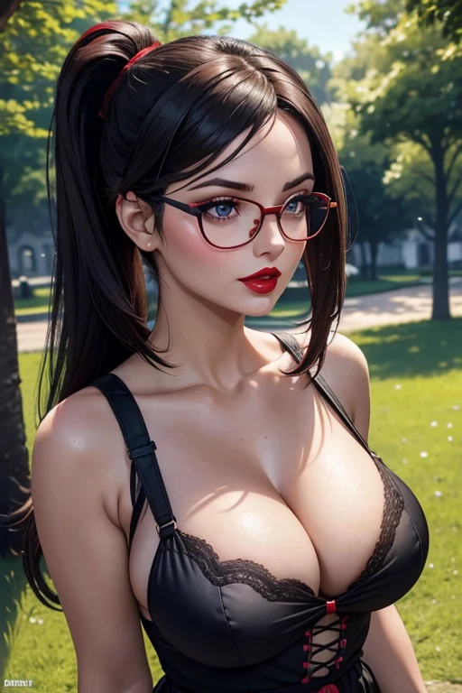 Only one european woman, 30 years old, There's an adult woman in a park, wearing Spring Dress, Glasses, Dark Hair, Red Lips, Shadow eye, Slutty Makeup, Ponytails, beautiful chest, Big boobs, Clivage, Second life avatar, Beautiful screenshot, Second life, Front view, seductive woman, high quality, Very detailed skin,