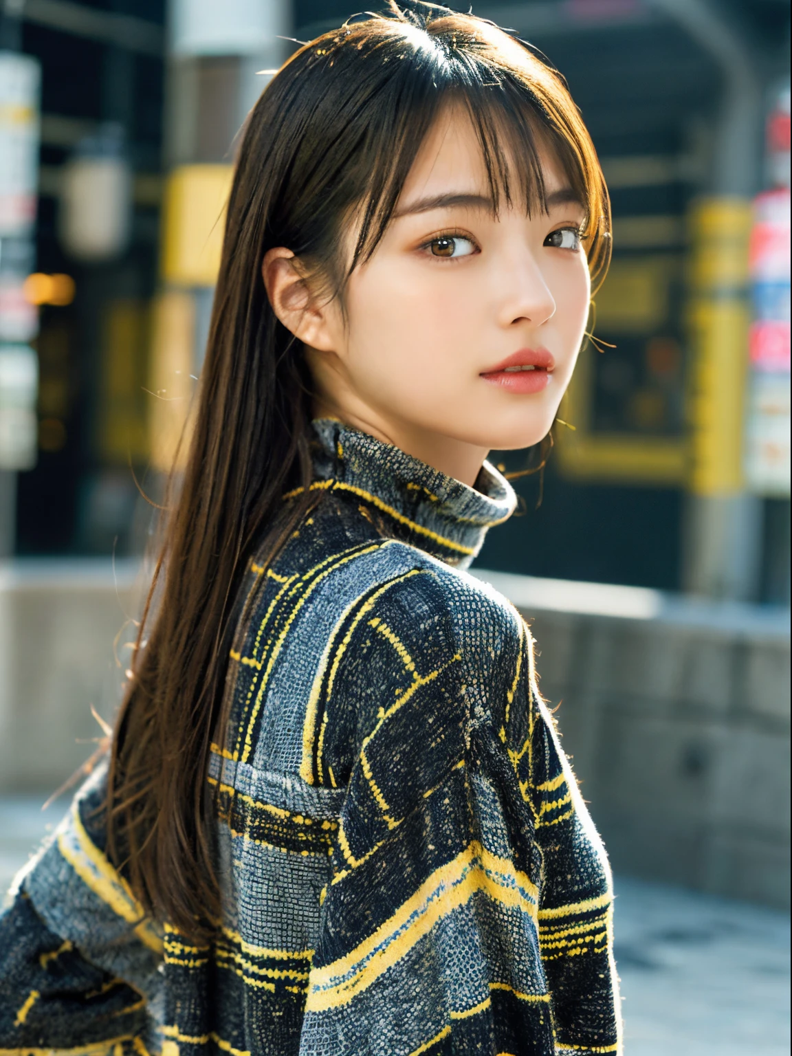 (A hyper-realistic), , (hight resolution), (8K), (ighly detailed), (The best illustrations), (beatiful detailed eyes), (top-quality), (ultra-detailliert), (​masterpiece), (mortar wallpaper), (详细的脸), a park,Armpit, Thick,,,独奏,Girl wearing dark yellow long-sleeved turtleneck knit and striped shirt, full of sweat, japanes, ,Concrete background、Tile background、Upper body、Very long hair、Curly hair,from behind、Realistic eyes、Tile background
