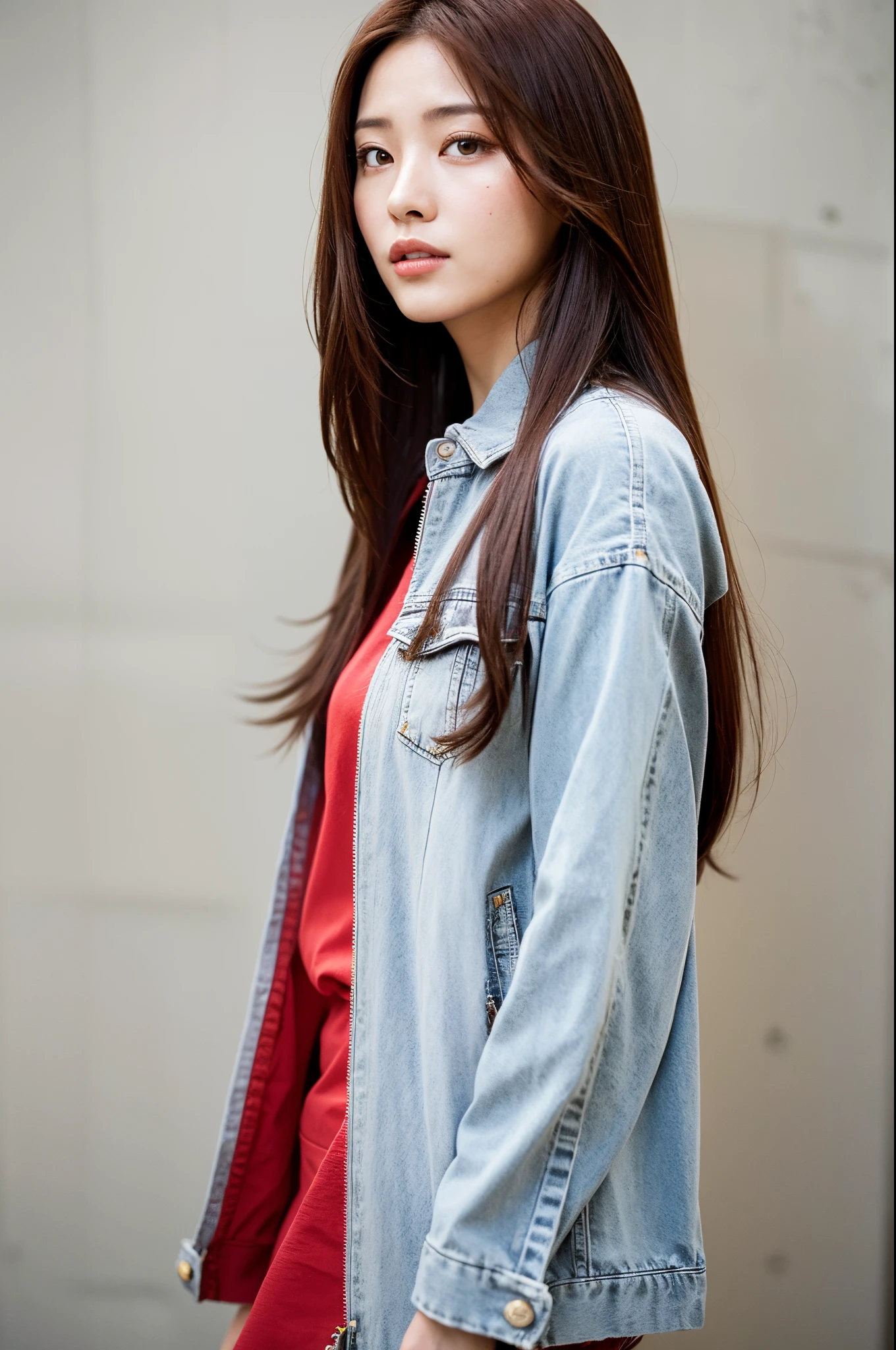 of the highest quality, 1 beautiful woman, age 28, S, 35mm lens, F/1, Cowboy Shot, Concrete background、Tile background、Medium straight hair、Riders Jacket Shirt、Light red-brown hair、From Side、Realistic eyes