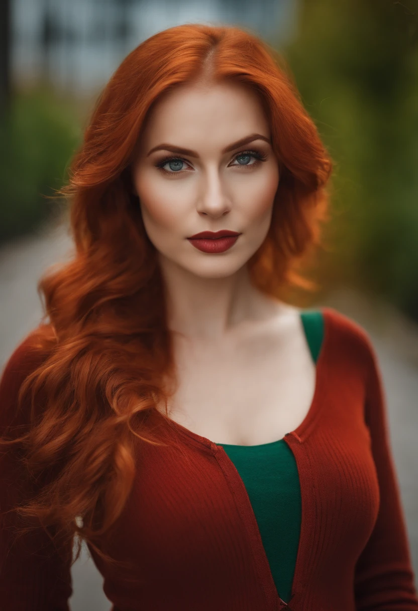 beautiful  detailed face, A beautiful woman with red hair looks into the camera, looks like scarlett, panasonic lumix s pro 50mm f/1.4, anne stokes, splash of color, deep orange and deep emerald green, Ferania p30, photograph realistic, (Attractive young woman:1.3), (Tempting:1.1), (Be red in the face:1.1), hourglass body shape, Wide hips, City in the background, self-shot, Wear a sweater，European and American women