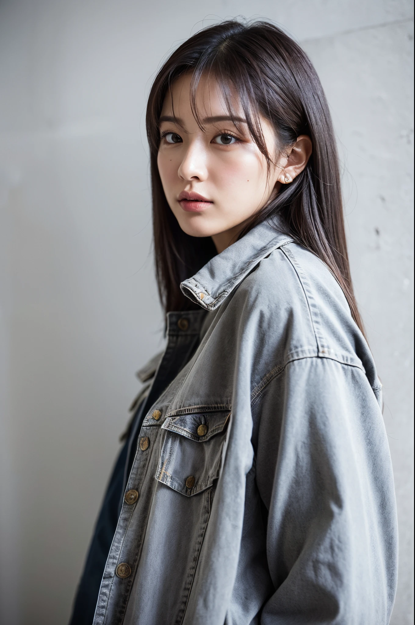 of the highest quality, 1 beautiful woman, age 28, S, 35mm lens, F/1, Cowboy Shot, Concrete background、Tile background、Medium straight hair、Riders Jacket Shirt、Light gray hair、From Side、Realistic eyes