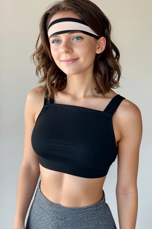 A beautiful 23 years old woman, with short wavy brown hair, wearing a blindfold and a black croptop, blue eyes, freckles, happy facial expression.