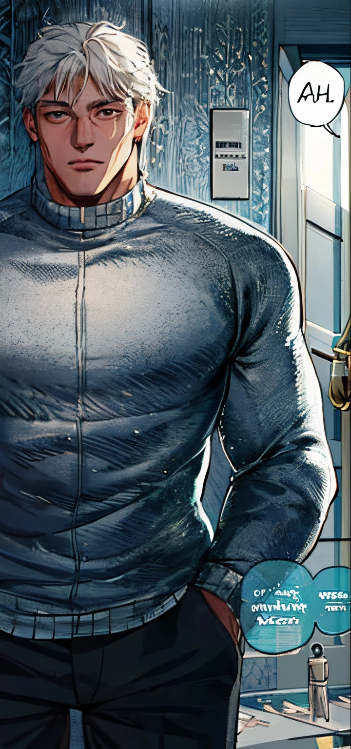 A cartoon of a man in a sweater standing in front of a door, detallado, cabello blanco, cicatriz.