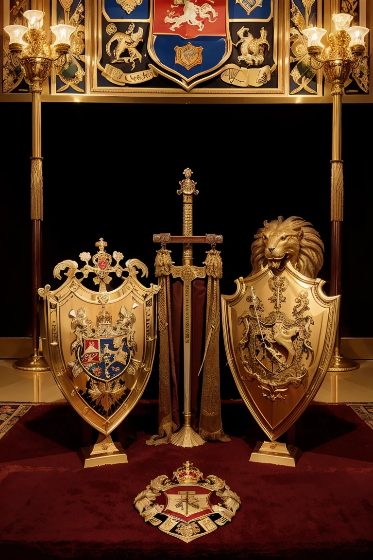 A royal coat of arms of the BRITO family with a figure of a golden roaring lion and two crossed Excalibur-type swords at the base of the coat of arms