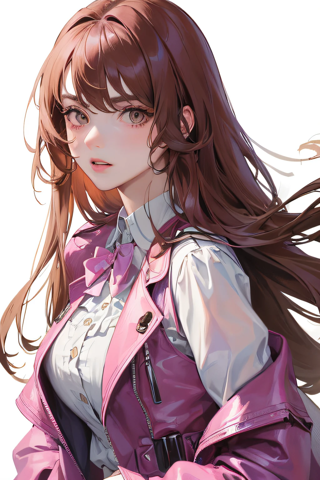 (Highest high resolution, distinct_Image of a) Best quality at best, A masterpiece of women, The is very detailed, Semi-realistic,(Most of the body),Pink Long Hair, By bangs, 18yr old, young,Black accessories,Pink-purple flight suit,stand-up collared shirt,sharpy face,(Brown eyes, hair between eye), fluorescent long coat (brokenglass),(with a pure white background),Cold, Serious,Authority,robust,(Standing picture),(exquisite facial features, exquisite facial features)