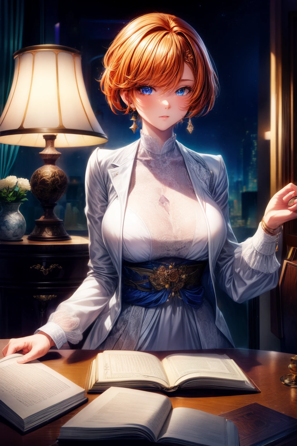 Best quality at best, (tmasterpiece:1.2), illustratio, absurd res, (1个Giant Breast Girl, Alone), (Beautiful Meticulous Girl), ((The upper part of the body, sportrait)),, Kayla McMillan, short detailed hair, orange color hair, eBlue eyes, mediuml breasts, Blue crystal earrings, White jacket, , Cool, dispassionate, looking at viewert,, Elegant bedroom interior, the night, janelas, 窗帘, starrysky, lamp lights, book case, nightstand, vases, desks,