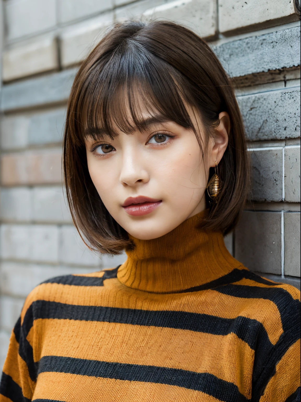 (A hyper-realistic), , (hight resolution), (8K), (ighly detailed), (The best illustrations), (beatiful detailed eyes), (top-quality), (ultra-detailliert), (masterpiece), (mortar wallpaper), (详细的脸), a park,Armpit, Thick,,,独奏,Girl wearing dark orange long-sleeved turtleneck knit and striped shirt, full of sweat, japanes, ,Concrete background、Tile background、Upper body、Fluffy bob cut、Curly hair,Realistic eyes,Beige hair color