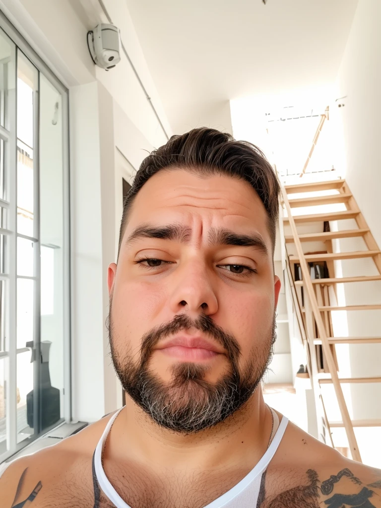 there is a man with a beard and a white shirt, Fotografia selfie 8k, selfie de um homem, Streamer do Twitch / Jogador Ludwig, Homem de 4 0 anos, imagem frontal, com uma barba pequena, with serious face expression, selfie shot straight on angle, neckbeard, Homens de 45 anos, front facing the camera, staring directly at camera