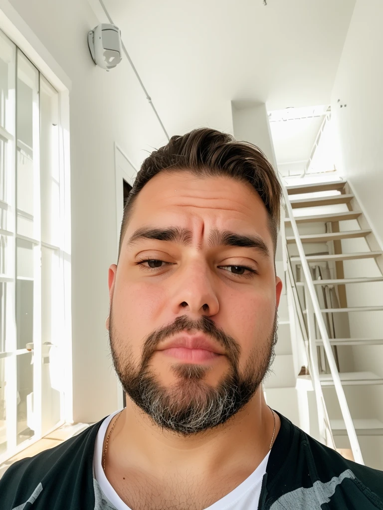 there is a man with a beard and a white shirt, Fotografia selfie 8k, selfie de um homem, Streamer do Twitch / Jogador Ludwig, Homem de 4 0 anos, imagem frontal, com uma barba pequena, with serious face expression, selfie shot straight on angle, neckbeard, Homens de 45 anos, front facing the camera, staring directly at camera