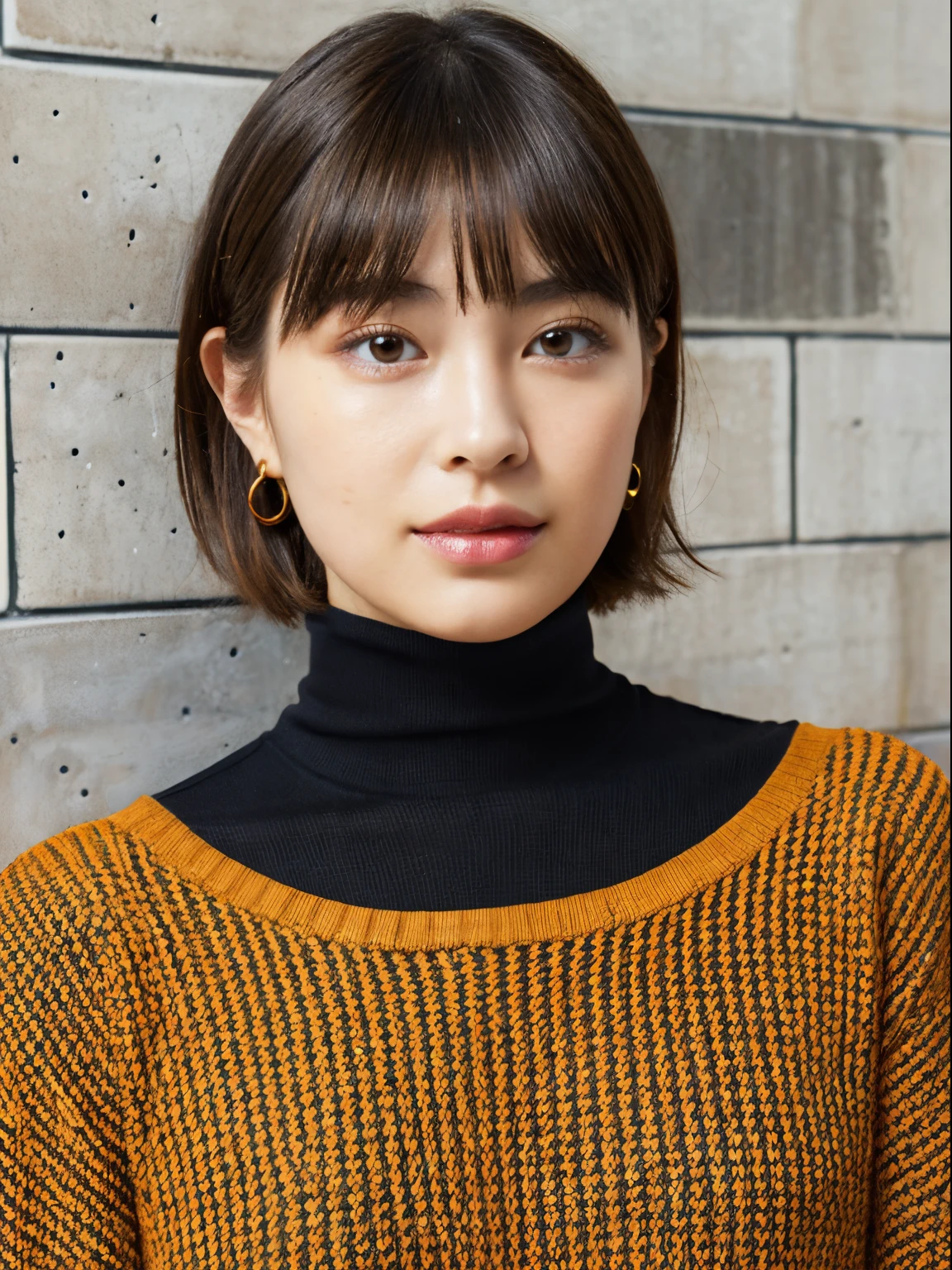 (A hyper-realistic), , (hight resolution), (8K), (ighly detailed), (The best illustrations), (beatiful detailed eyes), (top-quality), (ultra-detailliert), (masterpiece), (mortar wallpaper), (详细的脸), a park,Armpit, Thick,,,独奏,Girl wearing dark orange long-sleeved turtleneck knit and striped shirt, full of sweat, japanes, ,Concrete background、Tile background、Upper body、Fluffy bob cut、Curly hair,Realistic eyes,Beige hair color