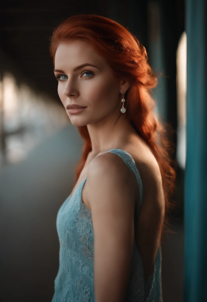 beautiful detailed face, A beautiful woman with red hair looks into the camera, Looks like a widowed sister, panasonic lumix s pro 50mm f/1.4, anne stokes, splash of color, Light blue and pink, Ferania p30, photograph realistic, (Attractive young woman:1.3), (Be red in the face:1.1), hourglass body shape, Wide hips, City in the background, self-shot, Wear a sweater,European and American women,high-necked,