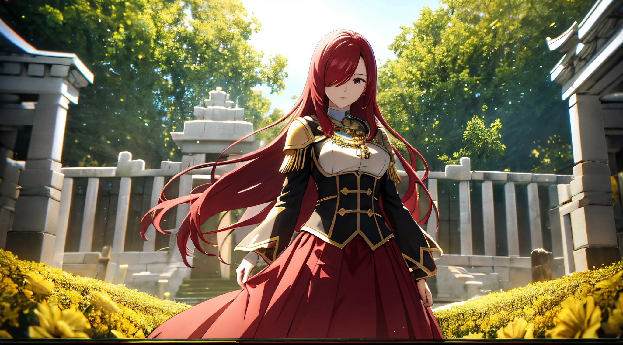 erza, 1girl, solo, long_hair, medium breasts,brown_eyes,red_hair,hair over one eye, standing, looking at viewer, golden armor, praying beads on neck, long skirt, flowers field athens temple, anime style,deep depth of field,wide angle view,Lumen Reflections,Screen Space Reflections,Diffraction Grading,Chromatic Aberration,GB Displacement,Scan Lines,Ray Traced,Anti-Aliasing,FXAA,TXAA,RTX,SSAO,Shaders,OpenGL-Shaders,GLSL-Shaders,Post Processing,Post-Production,cell Shading,Tone Mapping,CGI,VFX,SFX,insanely detailed and intricate, 4K