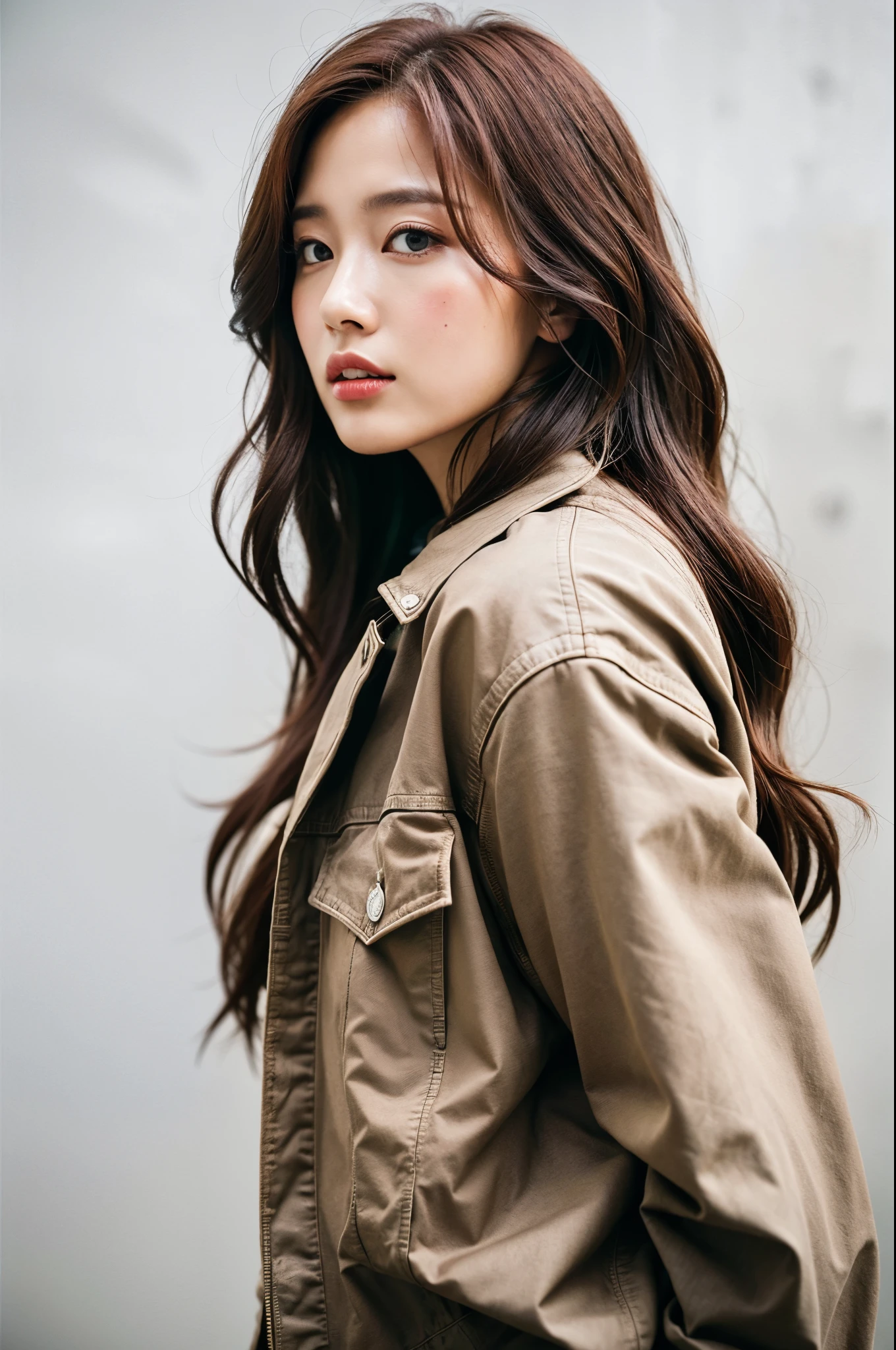 of the highest quality, 1 beautiful woman, age 28, S, 35mm lens, F/1, Cowboy Shot, Concrete background、Tile background、Perm Hair、Sweat Plaid shirt、Golden brown