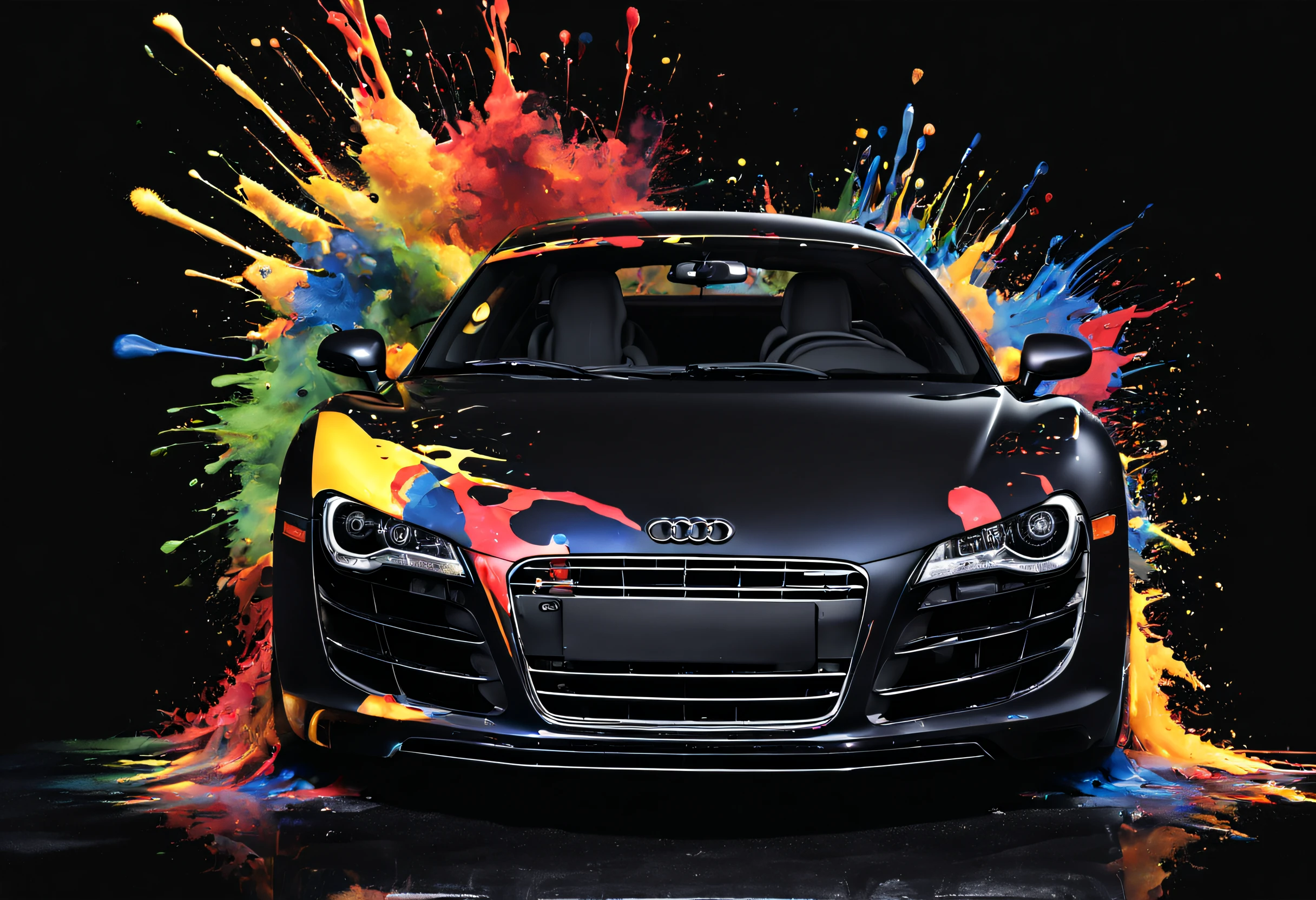 Audi r8 2009, black background, paint exploding in the background