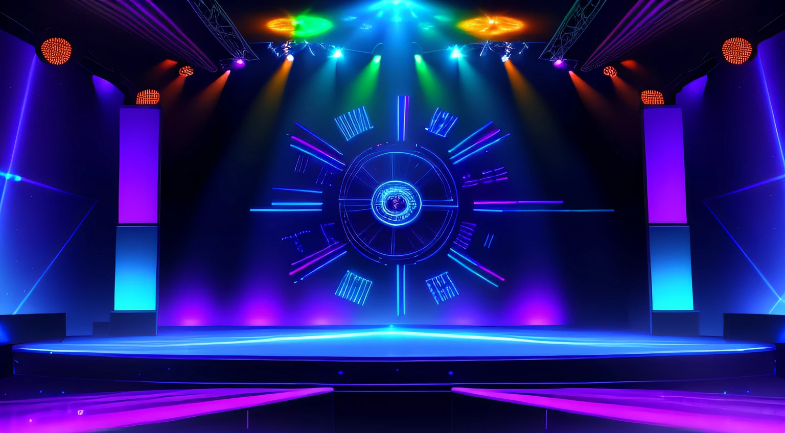 Rough image of a stage with a clock and lights, futuristic lasers tracing, Holographic projection, Geometric background; LED, Projection Mapping, projection design installation, Laser Show, Futuristic fine laser tracing, Techno Neon Projector Background, colorful detailed projections, Laser illumination, Holography space, laser light show, Corporate hologram, SF Nightclub, Cyberpunk Nightclub