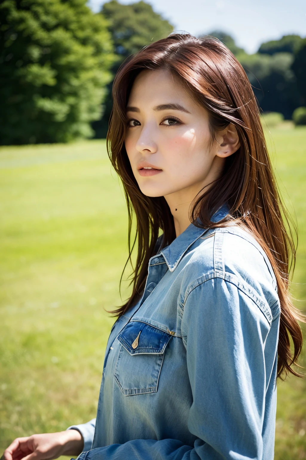 of the highest quality, 1 belle femme, 28 ans, S, Objectif 35mm, f/1, Tir de cowboy, Contexte concret、fond de tuile、cheveux raides mi-moyens、veste de cavalier　chemise、light brown hair、From the side、realistic eyes